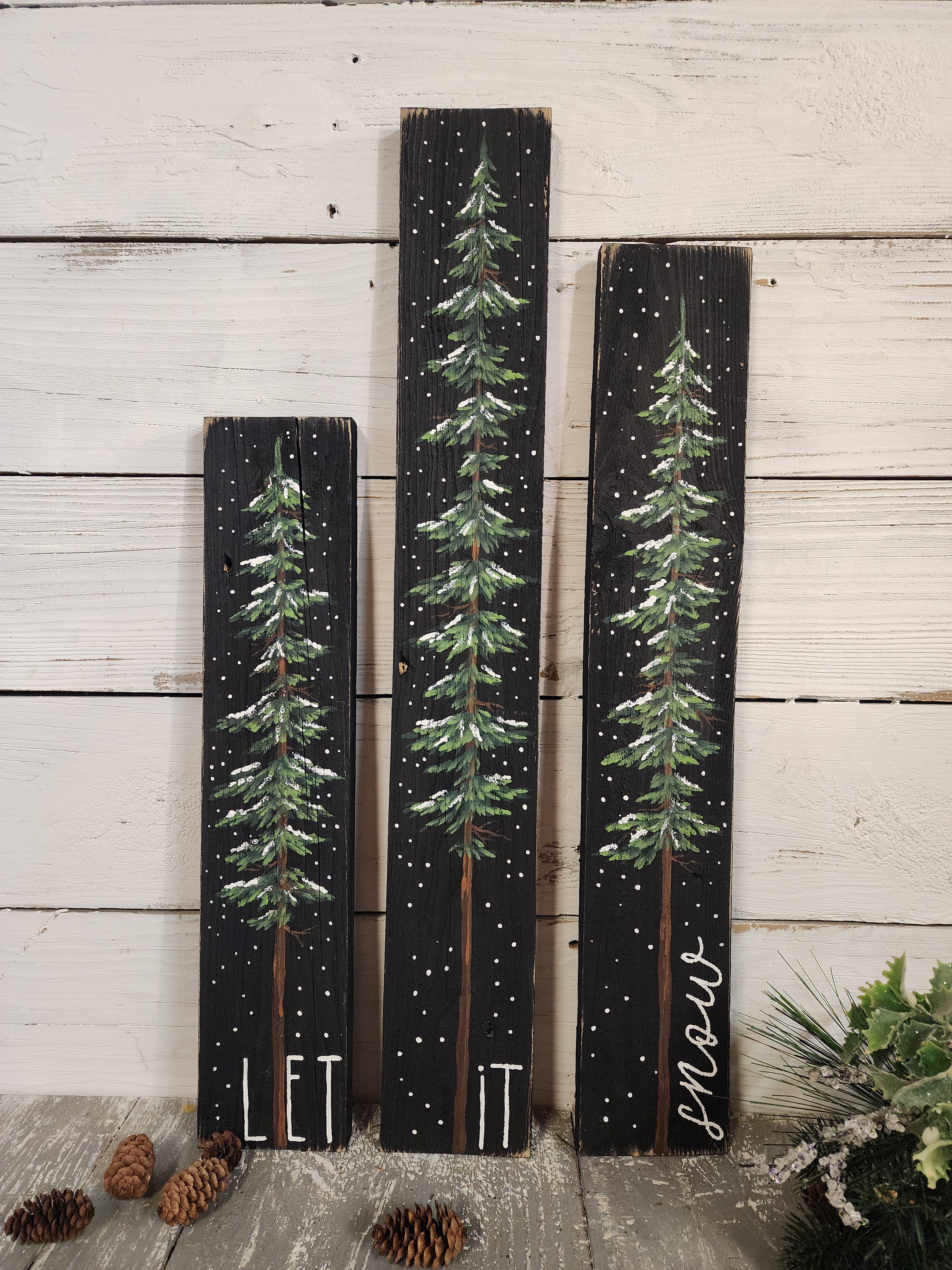 3 piece Christmas tree black sign, Let it snow painting, snow covered pine trees, Christmas shelf sitters, mantel decor standing wood signs (Copy)