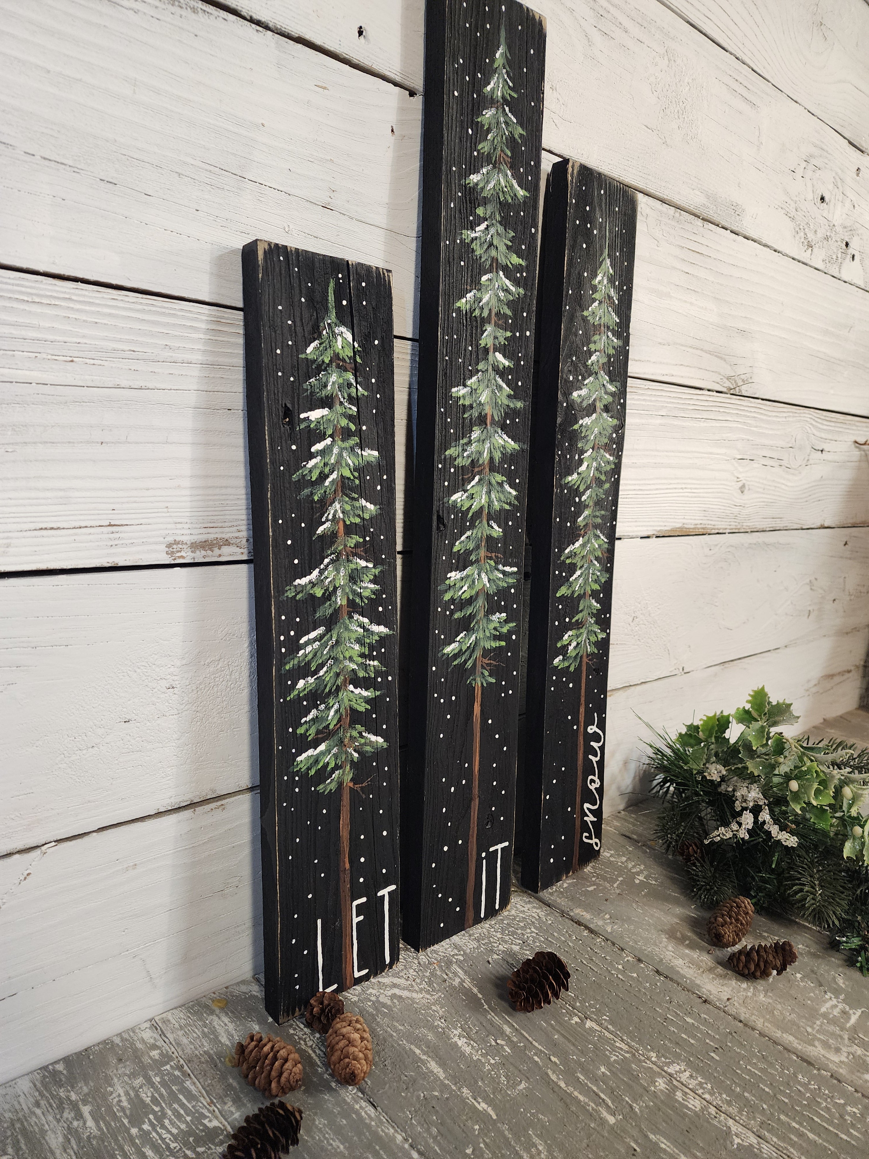 3 piece Christmas tree black sign, Let it snow painting, snow covered pine trees, Christmas shelf sitters, mantel decor standing wood signs (Copy)