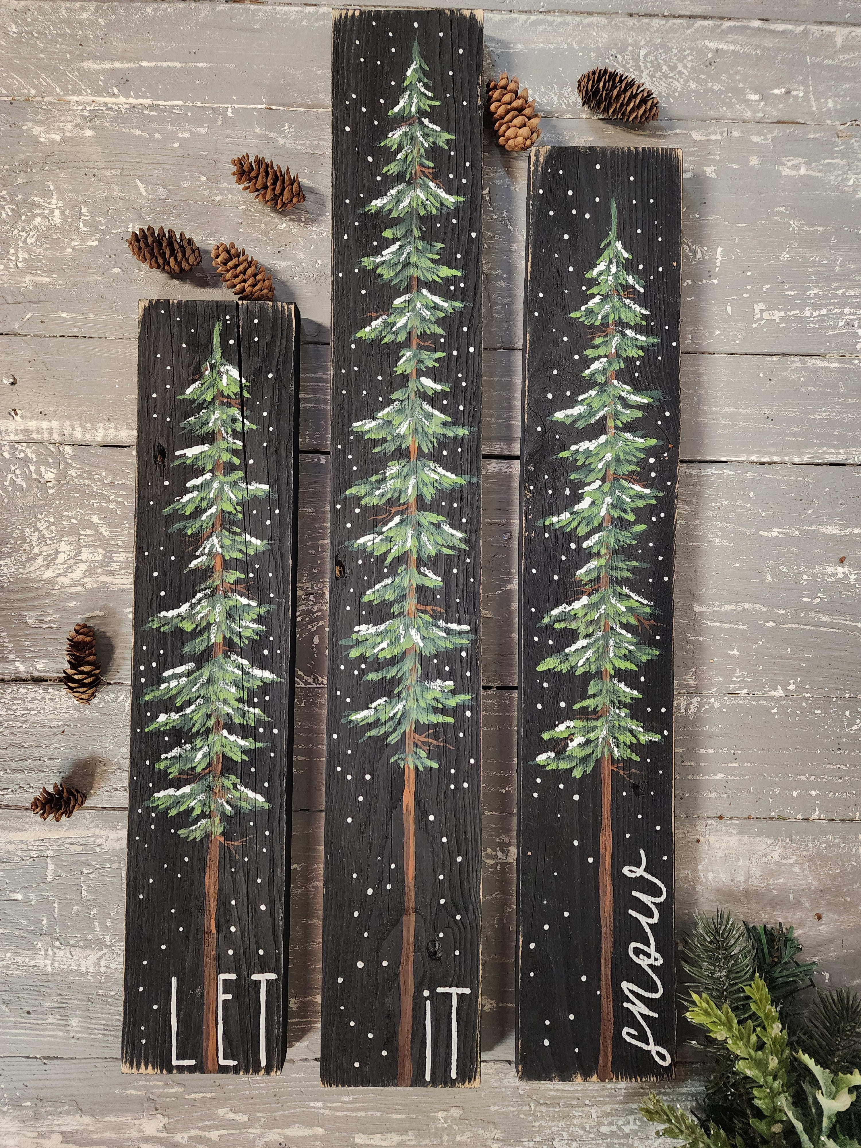 3 piece Christmas tree black sign, Let it snow painting, snow covered pine trees, Christmas shelf sitters, mantel decor standing wood signs (Copy)