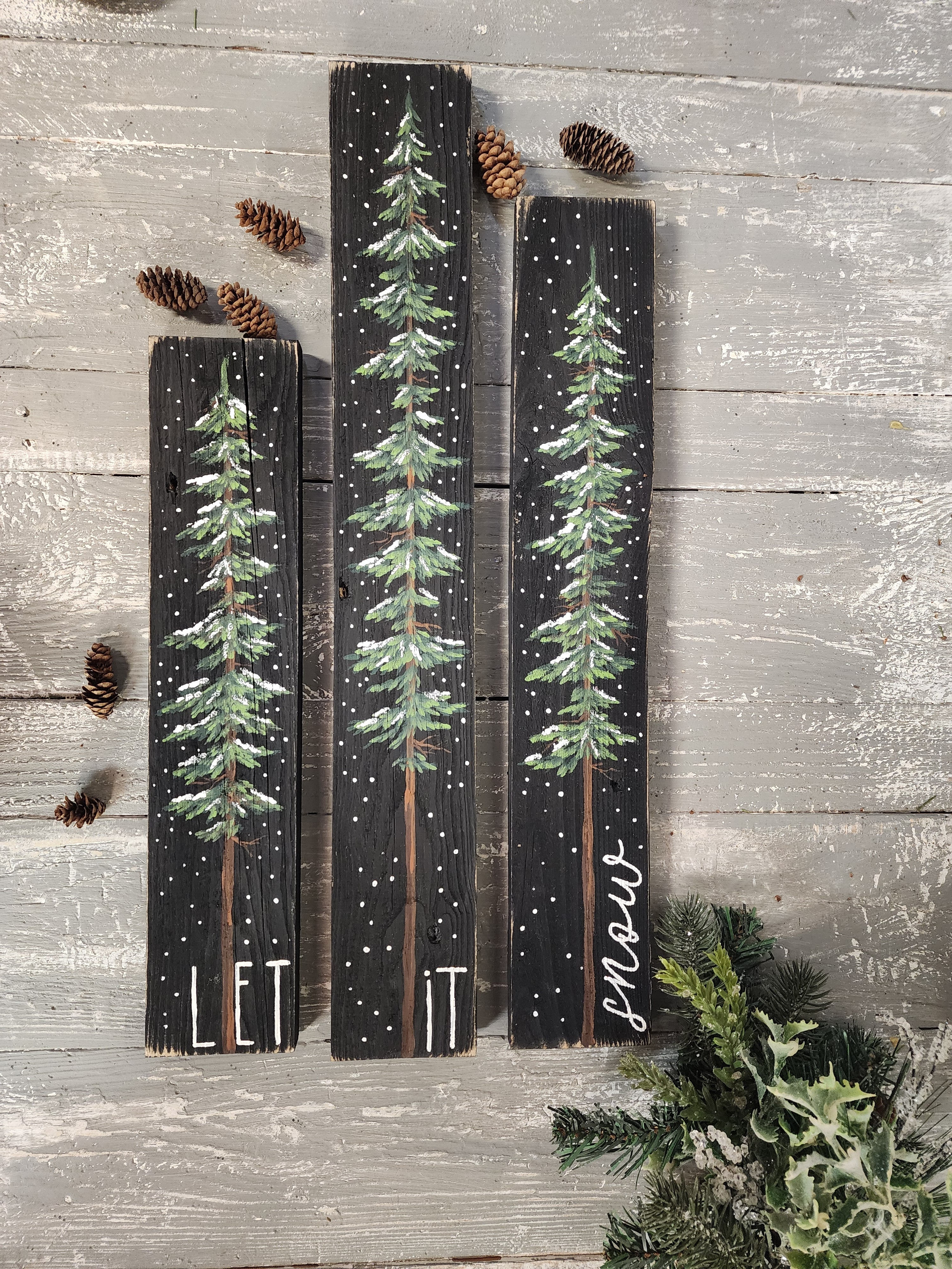 3 piece Christmas tree black sign, Let it snow painting, snow covered pine trees, Christmas shelf sitters, mantel decor standing wood signs (Copy)