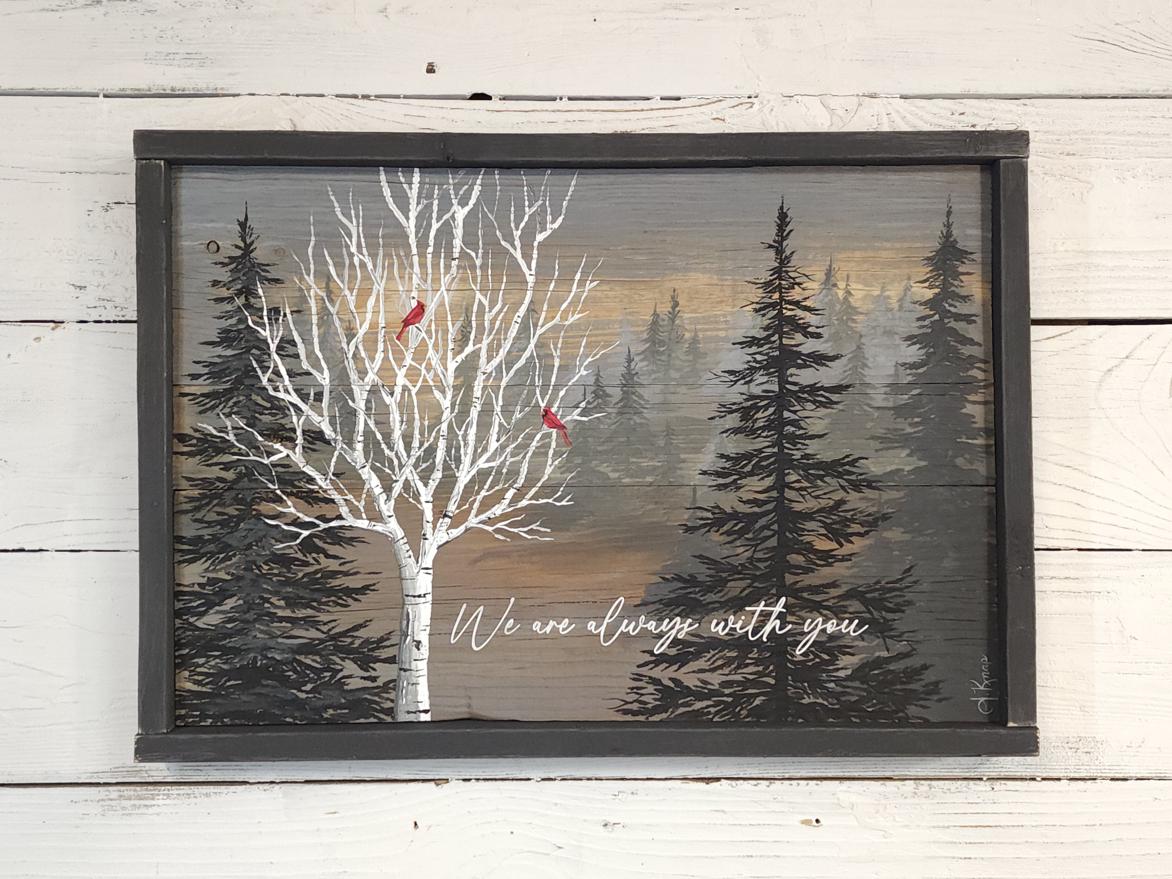 Cardinals in birch tree remembering loved ones they are always with us painting, custom hand painted gift for funeral in memory of loss of loved one