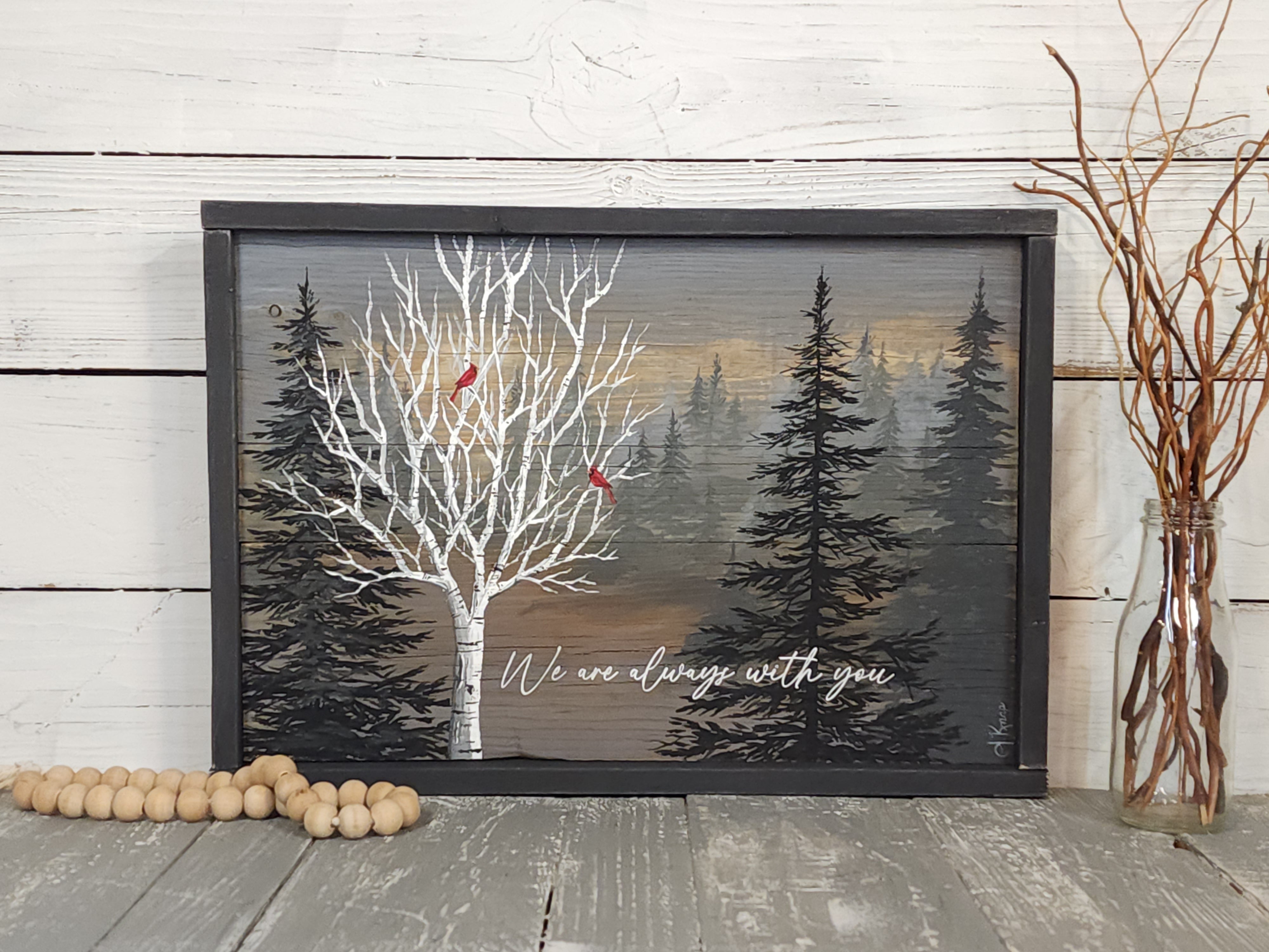 Cardinals in birch tree remembering loved ones they are always with us painting, custom hand painted gift for in memory of loss of loved one