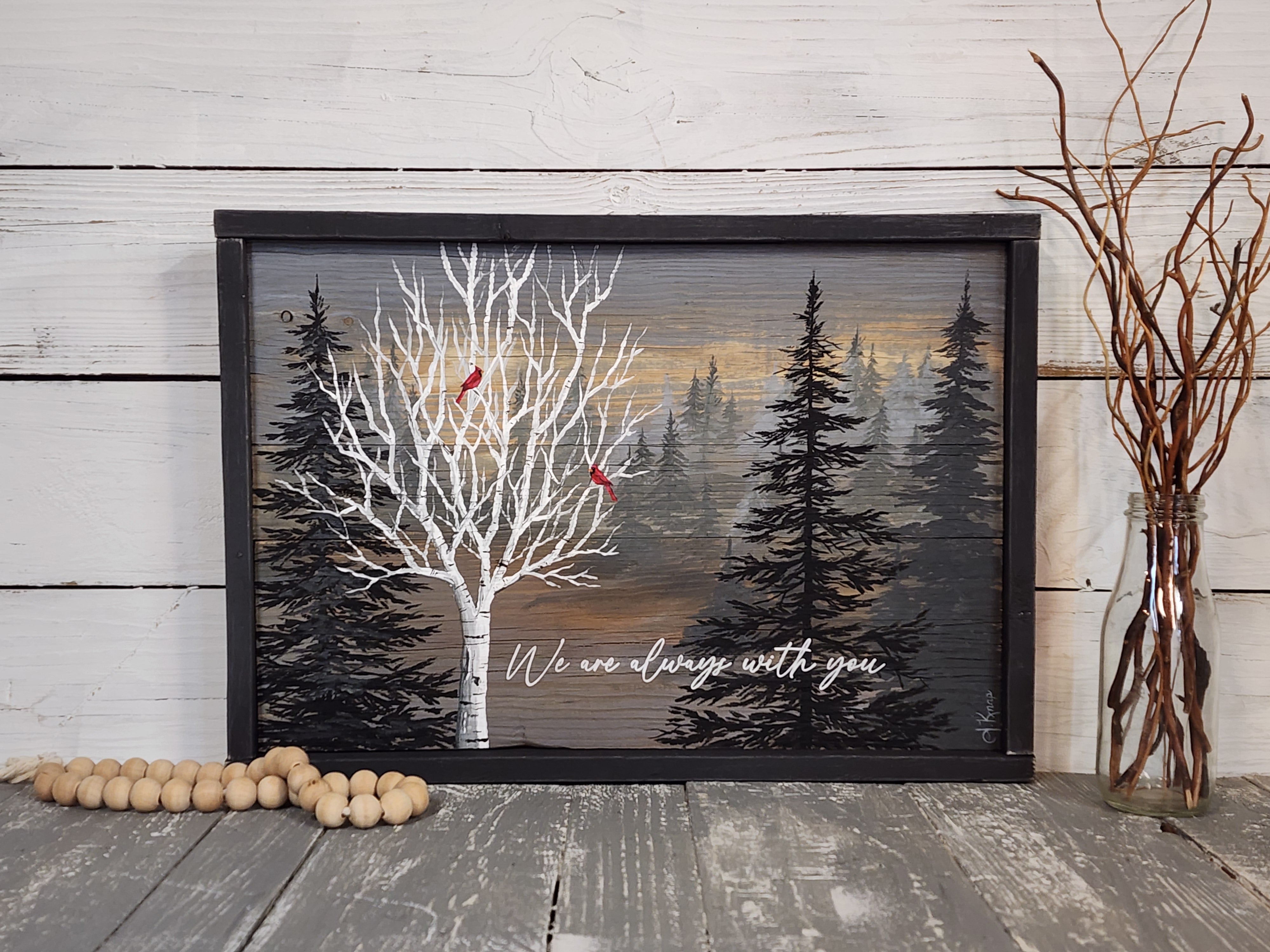 Cardinals in birch tree remembering loved ones they are always with us painting, custom hand painted gift for funeral in memory of loss of loved one