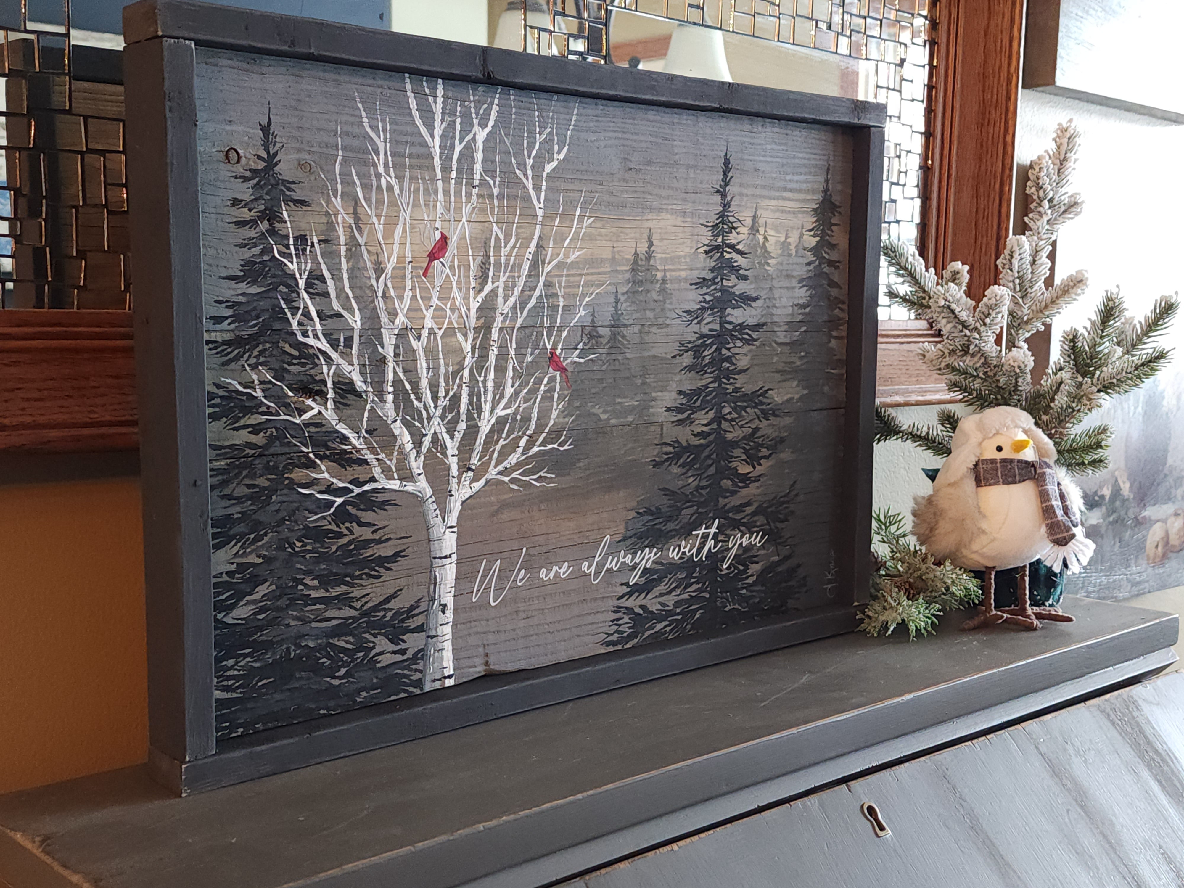 Cardinals in birch tree remembering loved ones they are always with us painting, custom hand painted gift for funeral in memory of loss of loved one