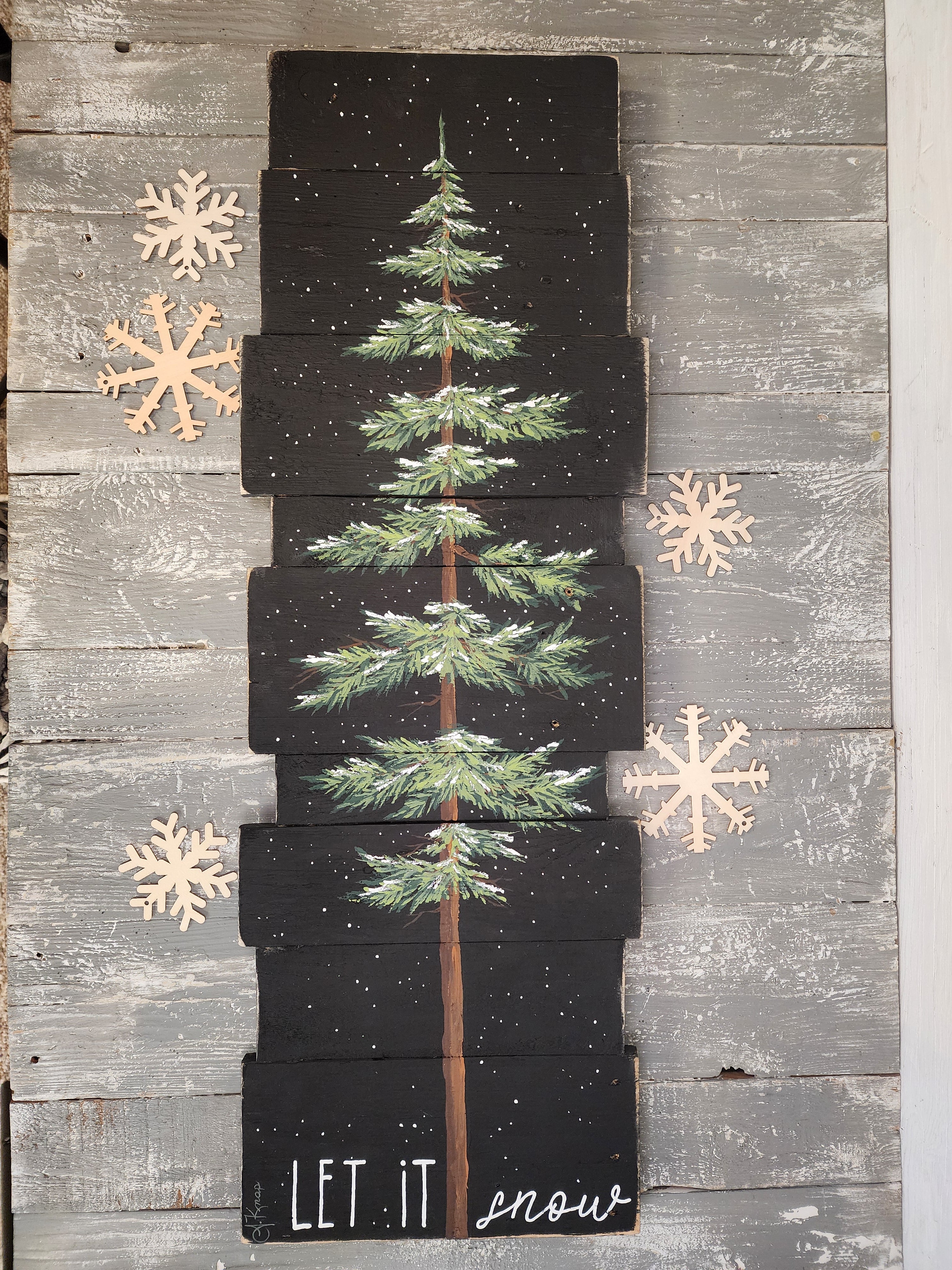 Let it snow tall welcome sign with black accent handmade recyecled pallet wood, hand painted snow covered evergreen pine tree winter decor