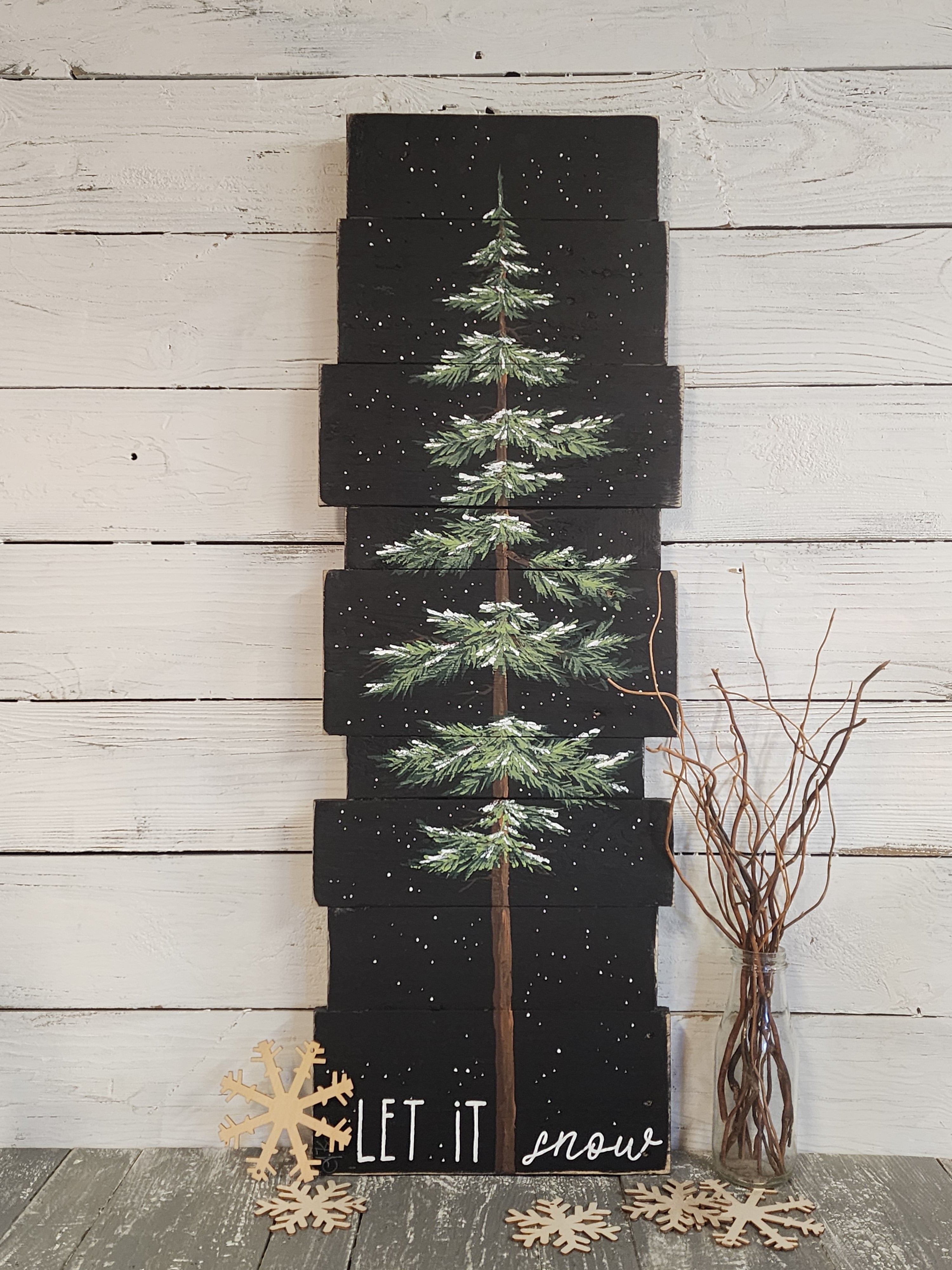 Let it snow tall welcome sign with black accent handmade recyecled pallet wood, hand painted snow covered evergreen pine tree winter decor