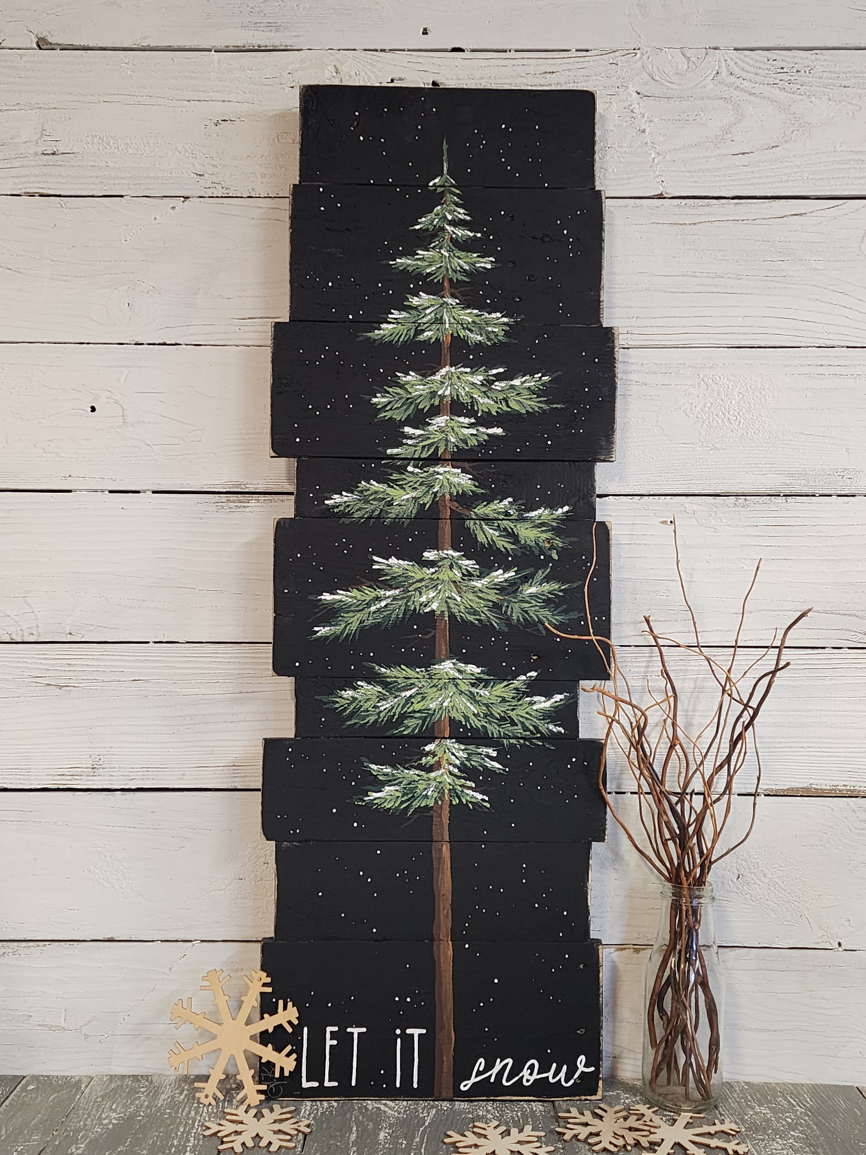 Let it snow tall welcome sign with black accent handmade recyecled pallet wood, hand painted snow covered evergreen pine tree winter decor