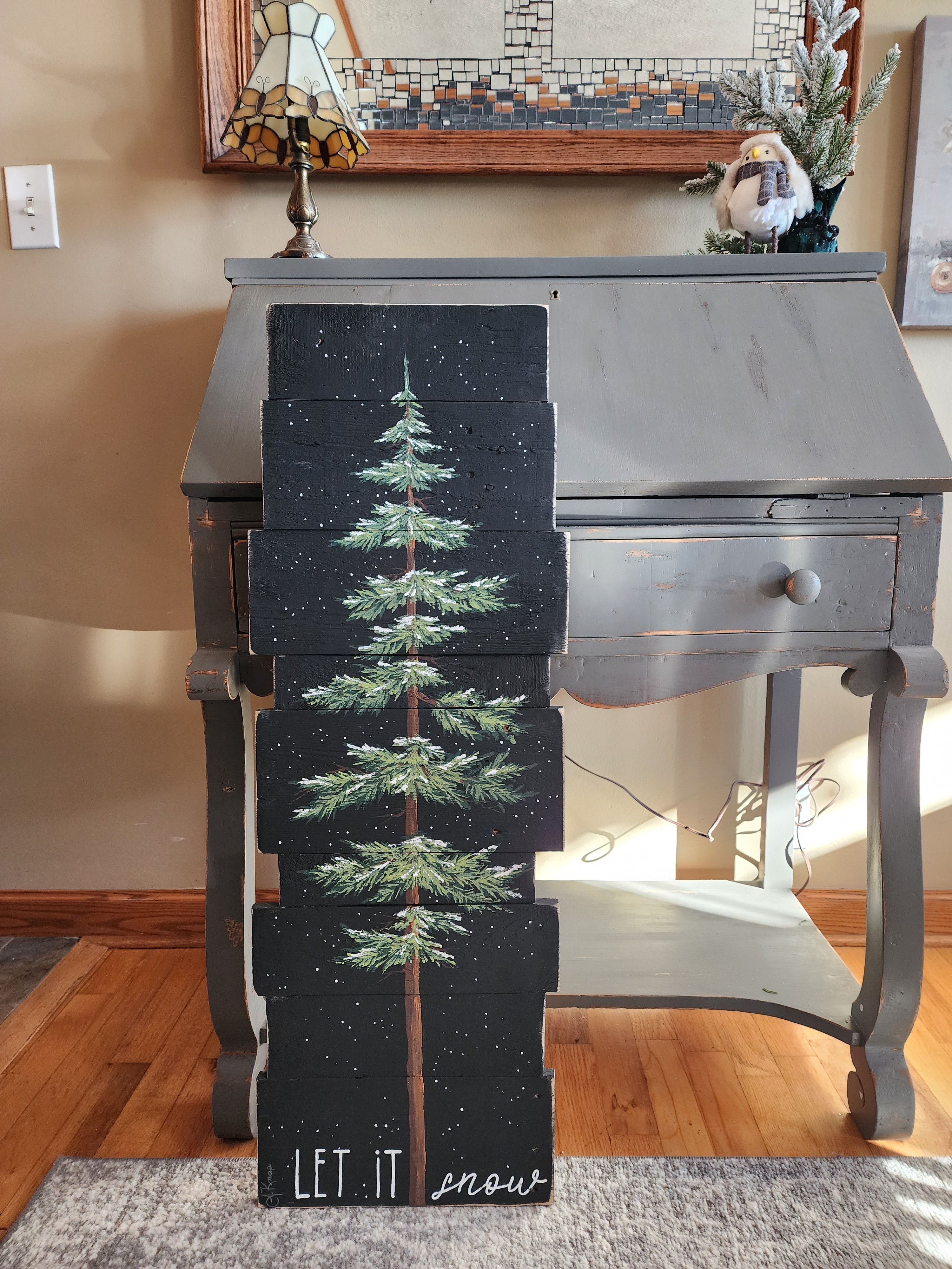 Let it snow tall welcome sign with black accent handmade recyecled pallet wood, hand painted snow covered evergreen pine tree winter decor