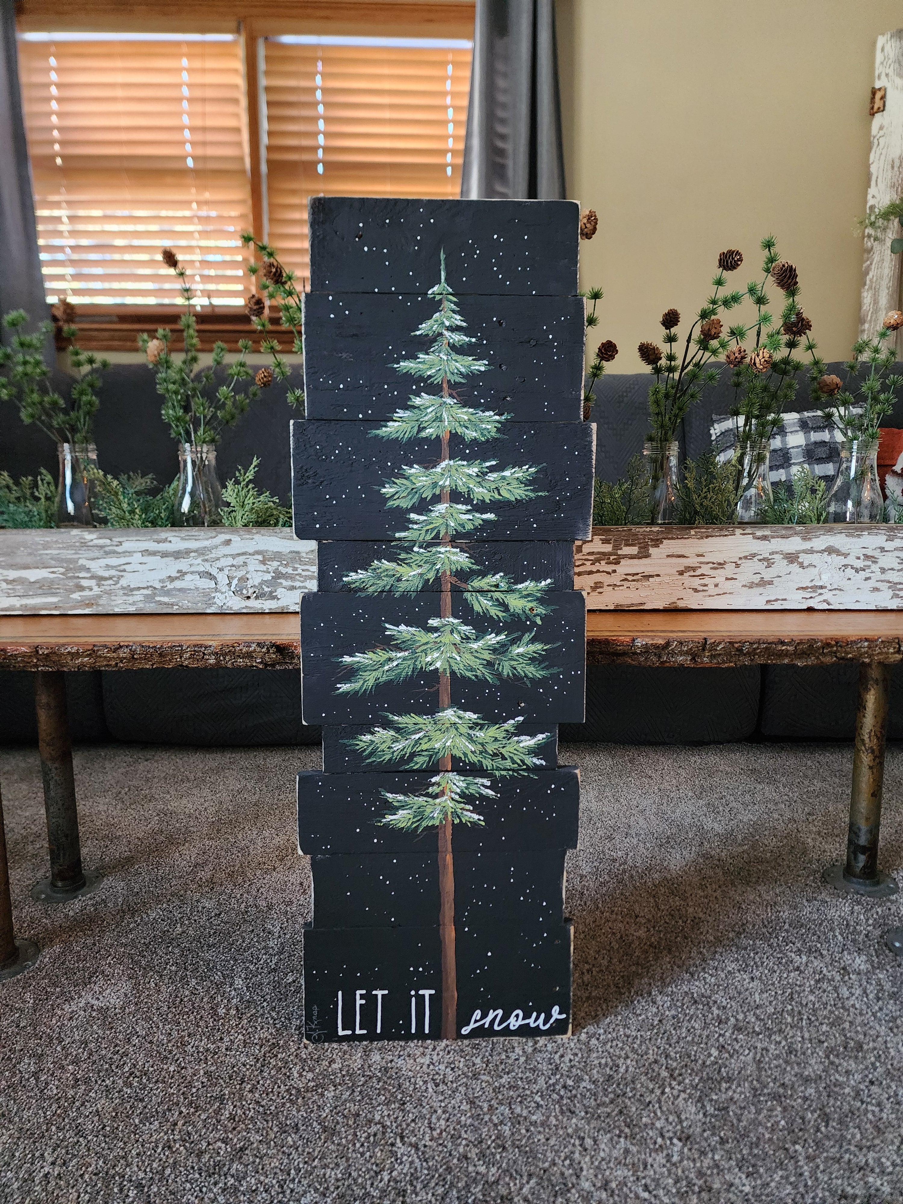 Let it snow tall welcome sign with black accent handmade recyecled pallet wood, hand painted snow covered evergreen pine tree winter decor