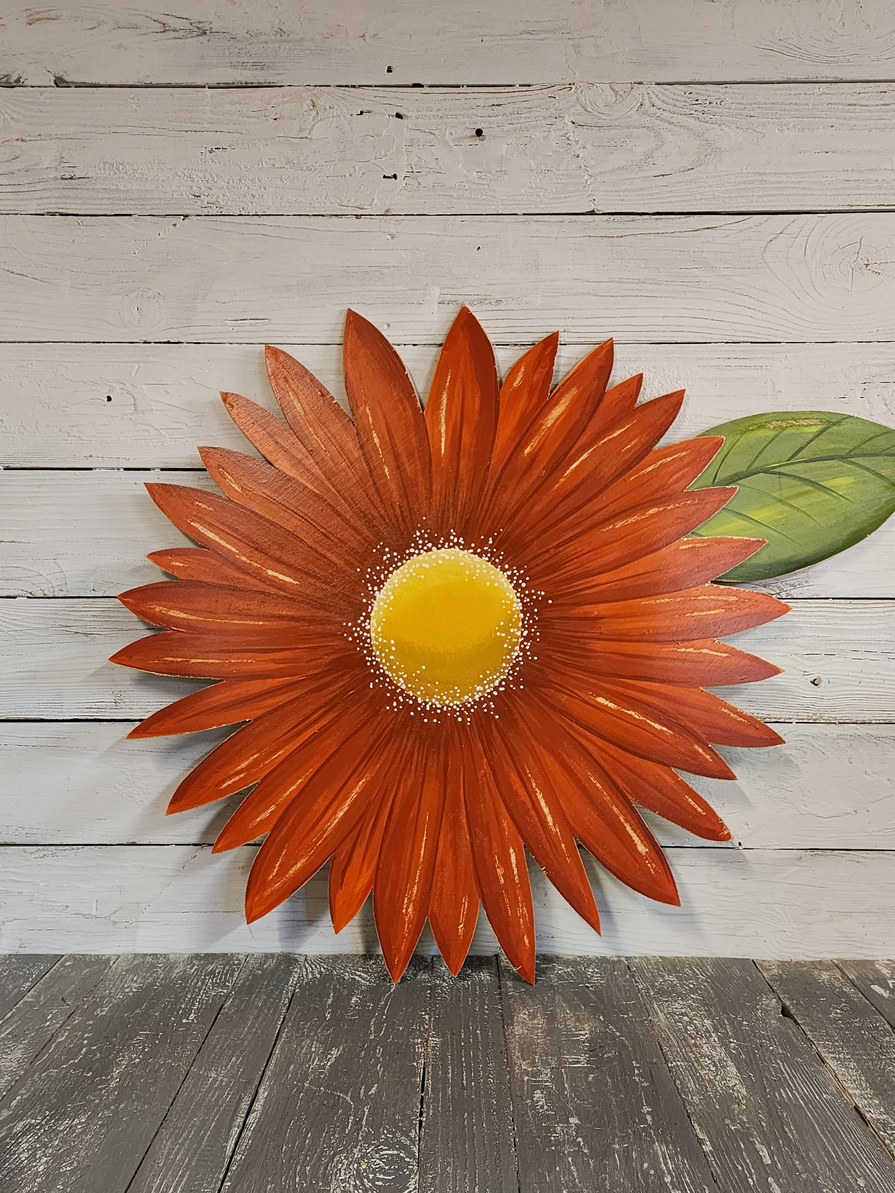 Large hand painted orange gerbera daisy Summer porch wall art, rustic farmhouse wild flower statement art, Spring wood door hanger