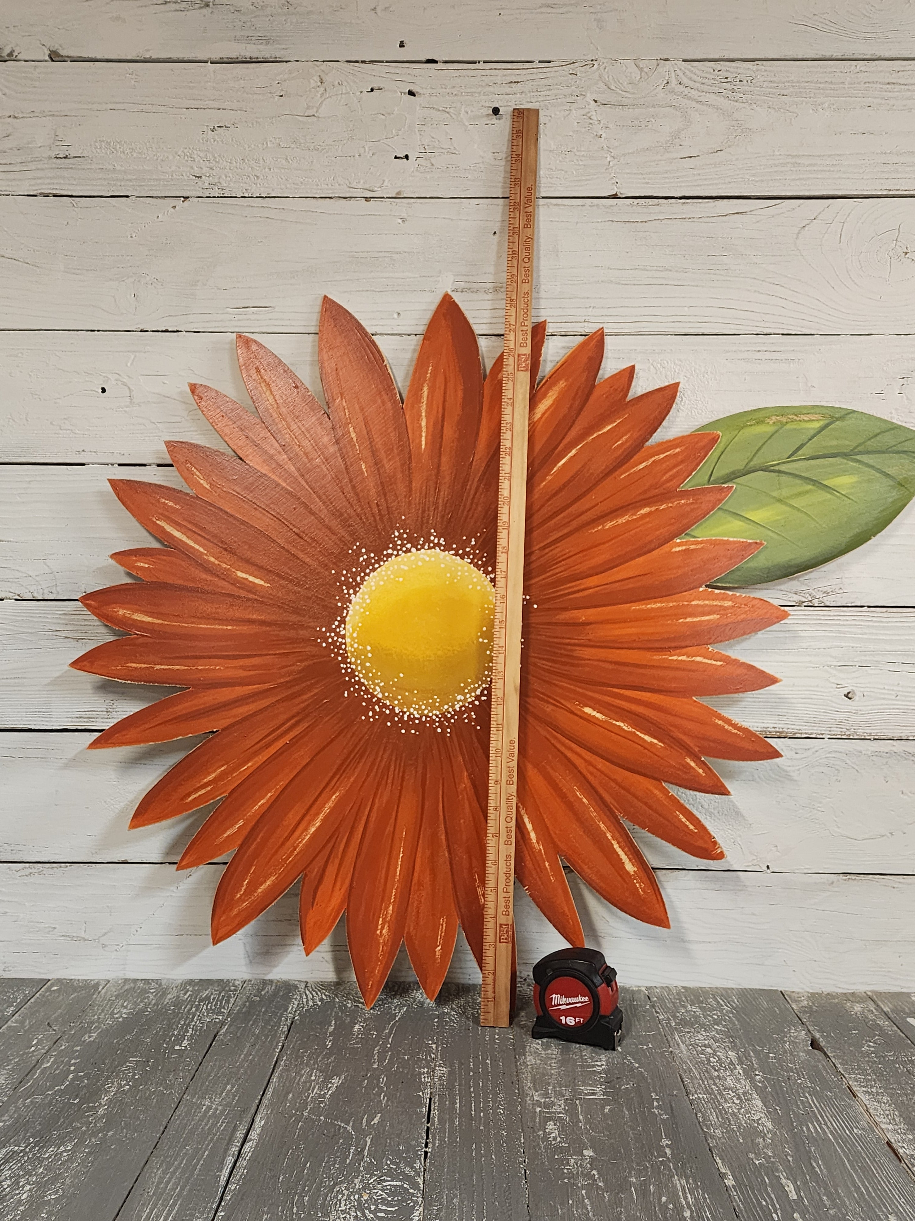 Large hand painted orange gerbera daisy Summer porch wall art, rustic farmhouse wild flower statement art, Spring wood door hanger