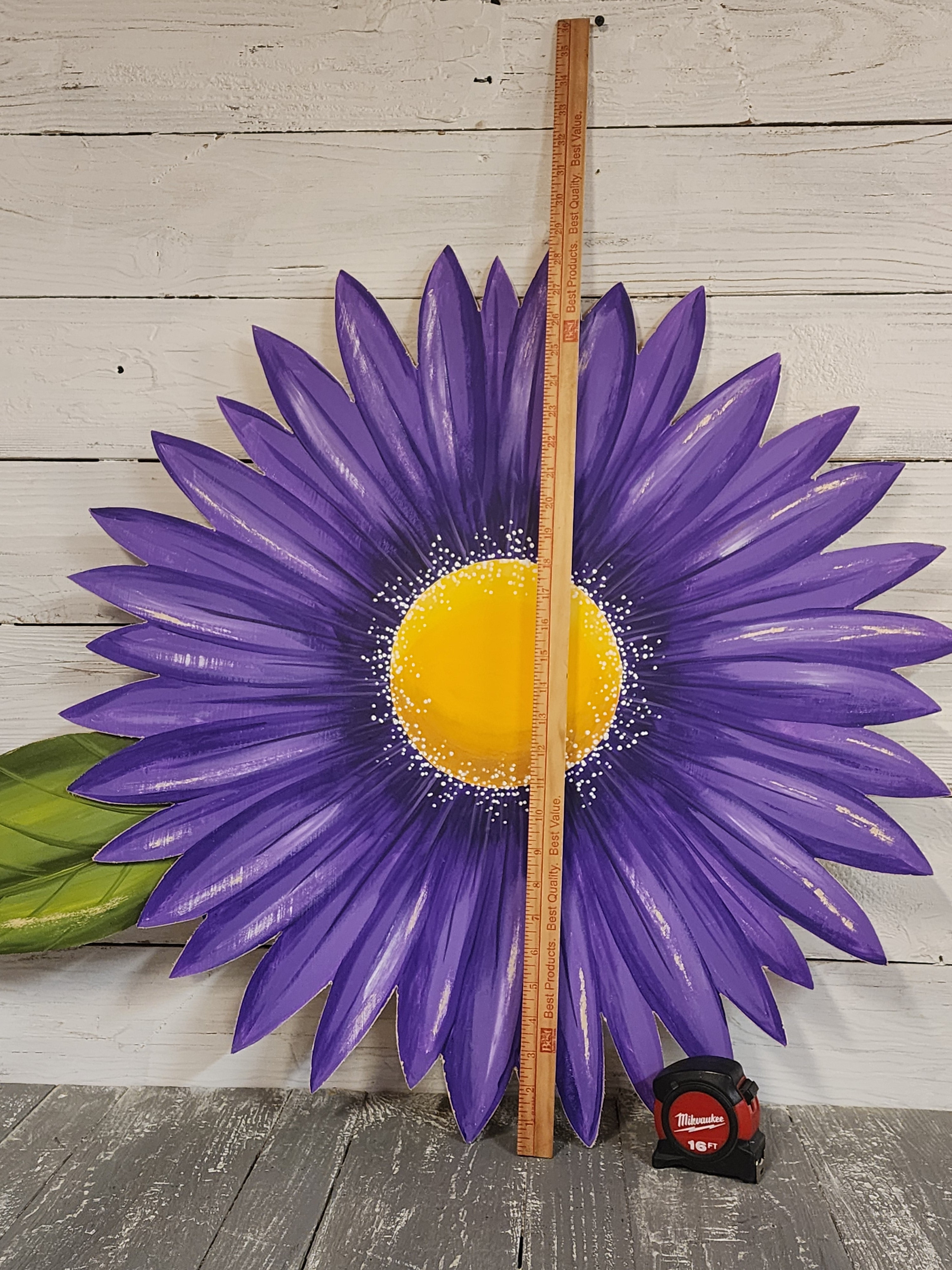 Giant hand painted purple gerbera daisy Summer porch wall art, rustic farmhouse wild flower statement sign, Spring wood door hanger