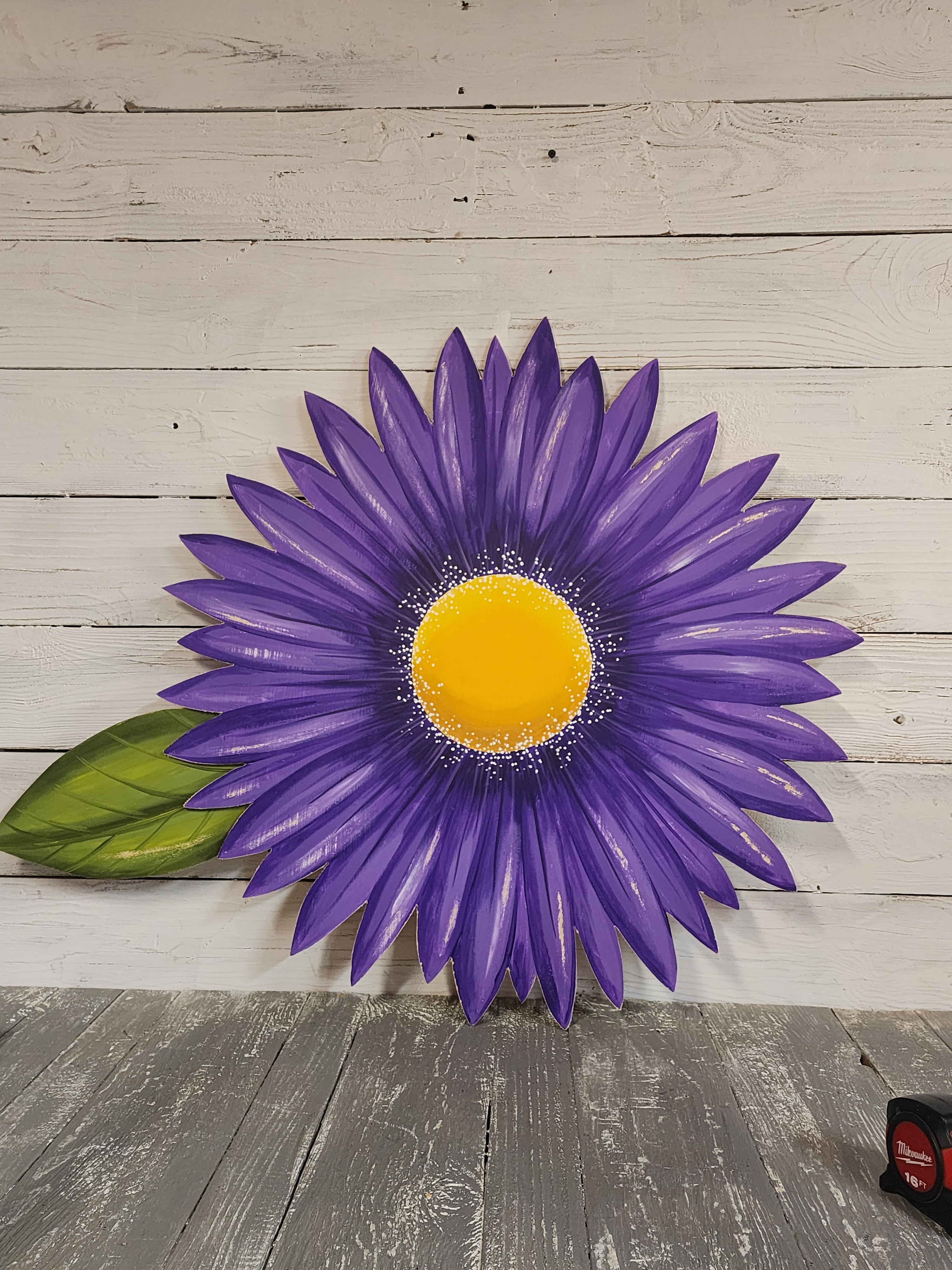 Giant hand painted purple gerbera daisy Summer porch wall art, rustic farmhouse wild flower statement sign, Spring wood door hanger