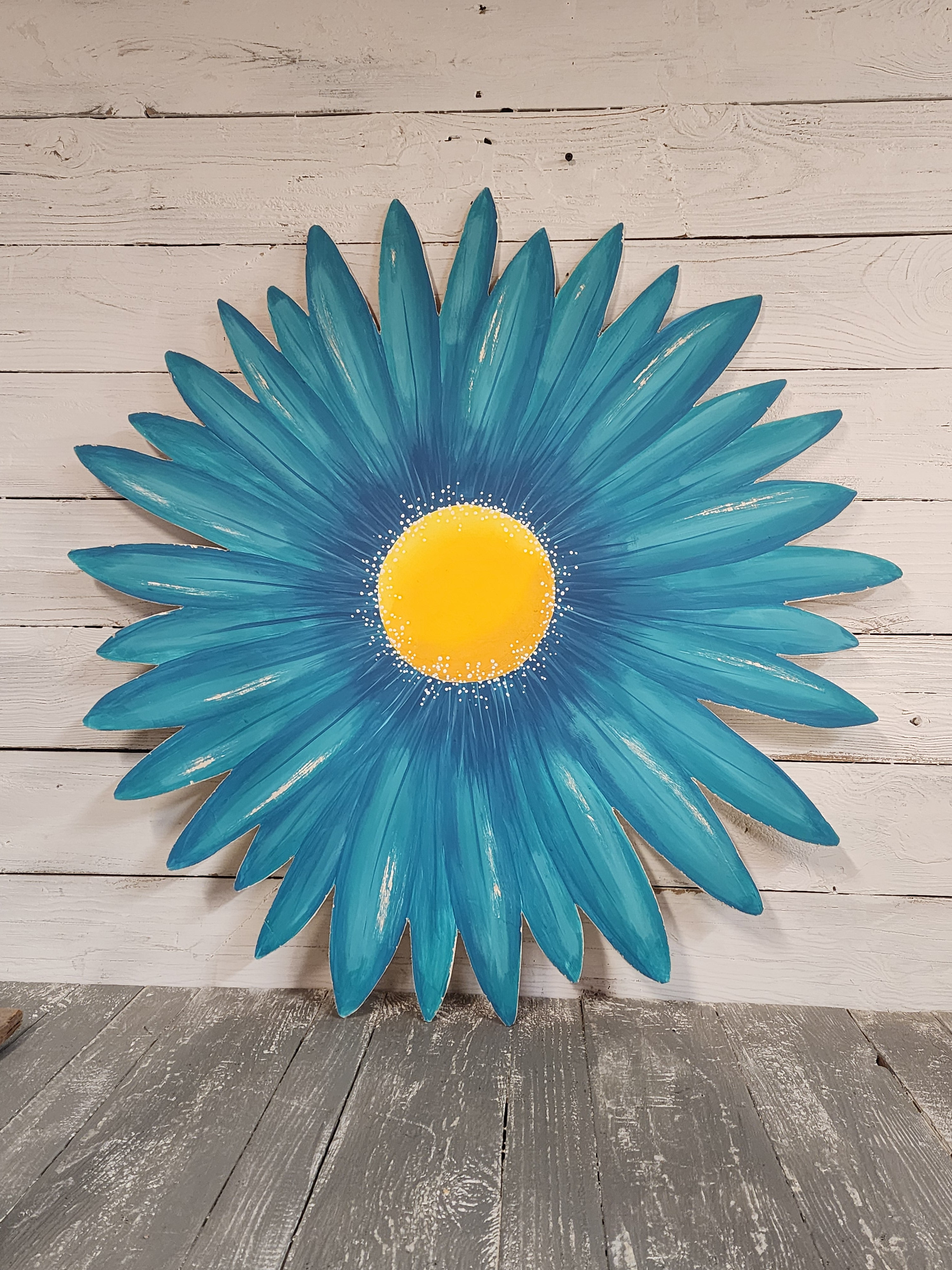 Giant hand painted turquoise aqua gerbera daisy Summer porch wall art, rustic farmhouse wild flower statement sign, Spring wood door hanger