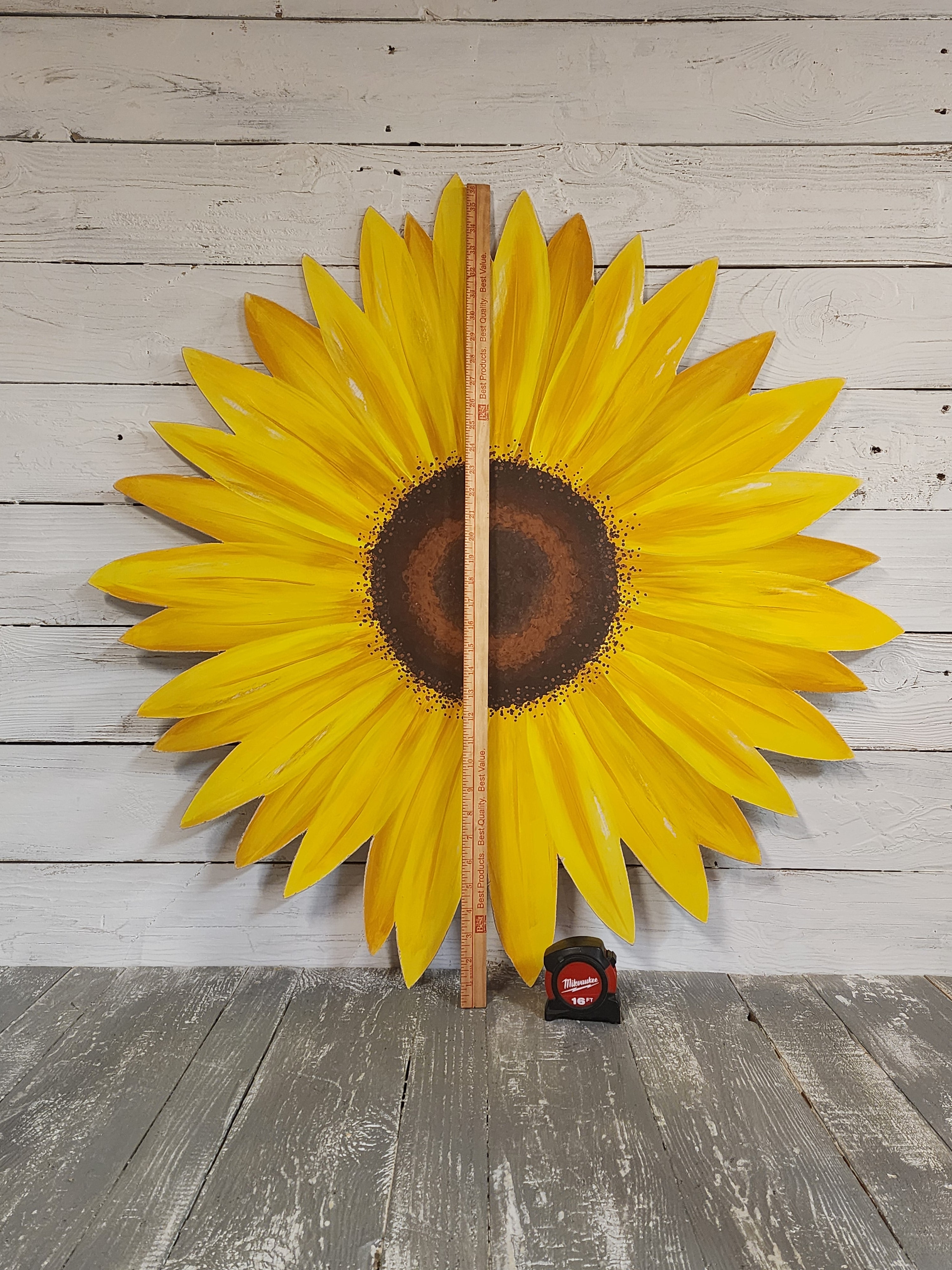 Giant hand painted sunflower Summer porch wall art, rustic farmhouse wild flower statement art, gift flower lover, Spring wood door hanger