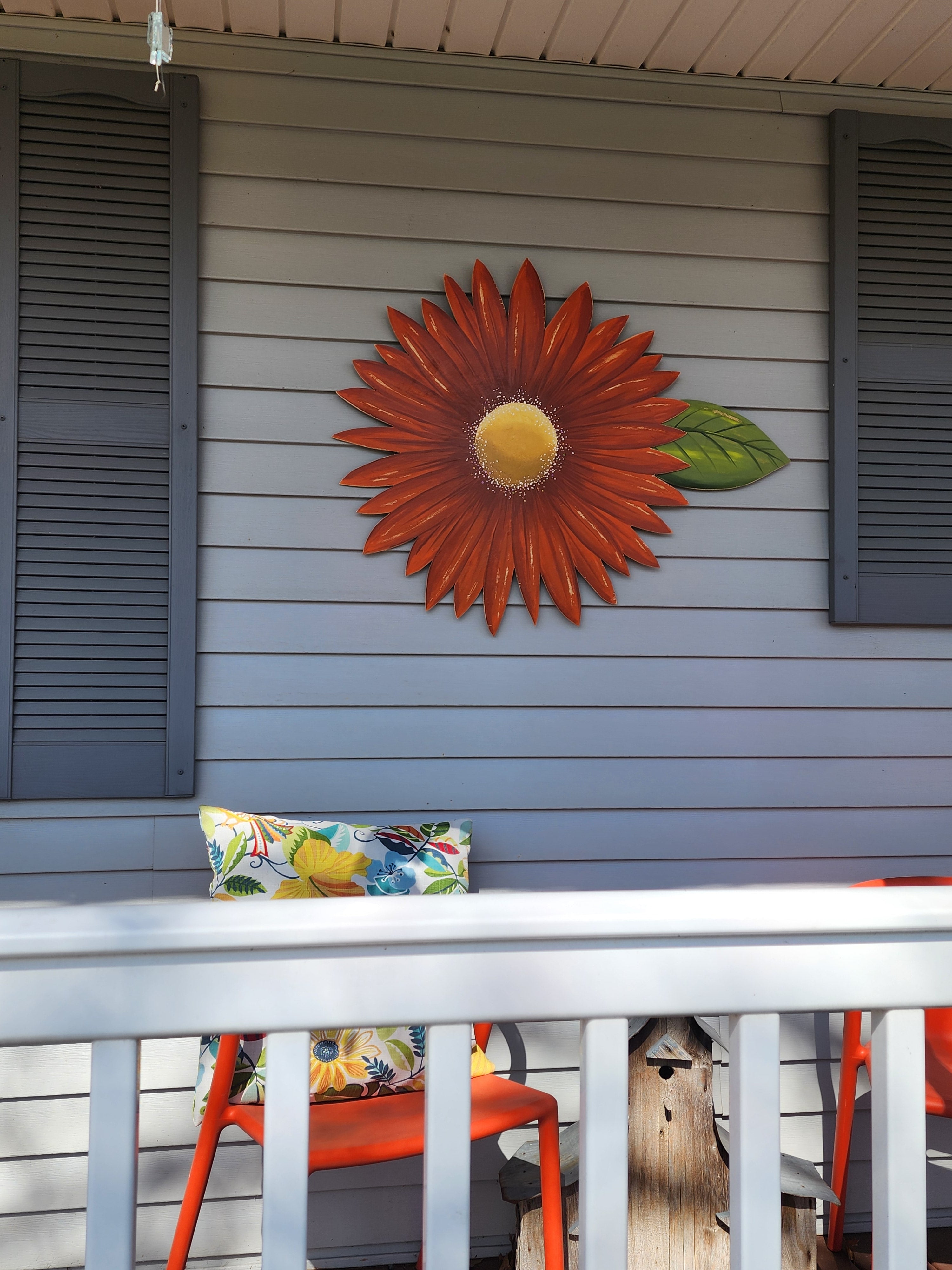 Large hand painted orange gerbera daisy Summer porch wall art, rustic farmhouse wild flower statement art, Spring wood door hanger