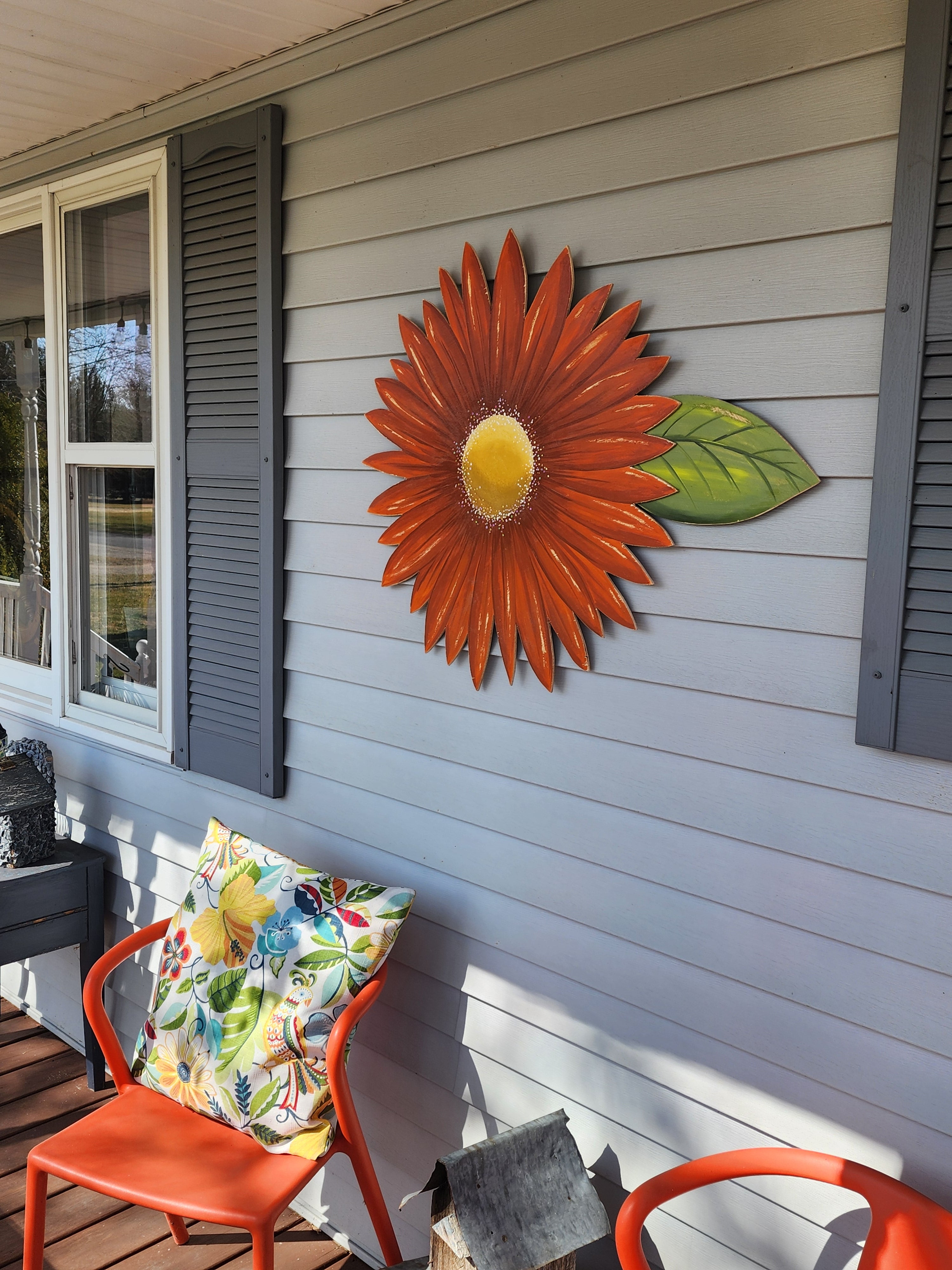 Large hand painted orange gerbera daisy Summer porch wall art, rustic farmhouse wild flower statement art, Spring wood door hanger