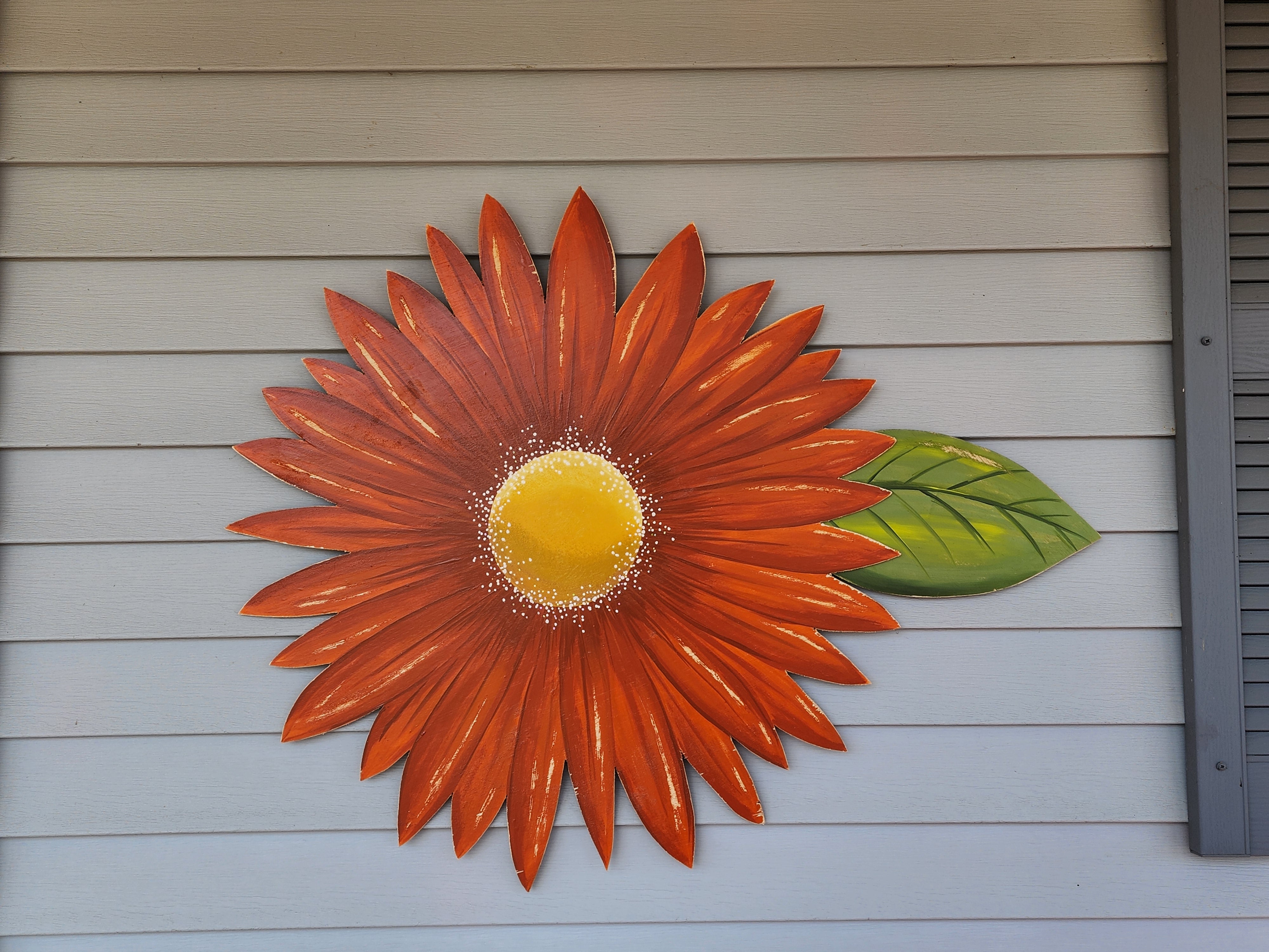 Large hand painted orange gerbera daisy Summer porch wall art, rustic farmhouse wild flower statement art, Spring wood door hanger