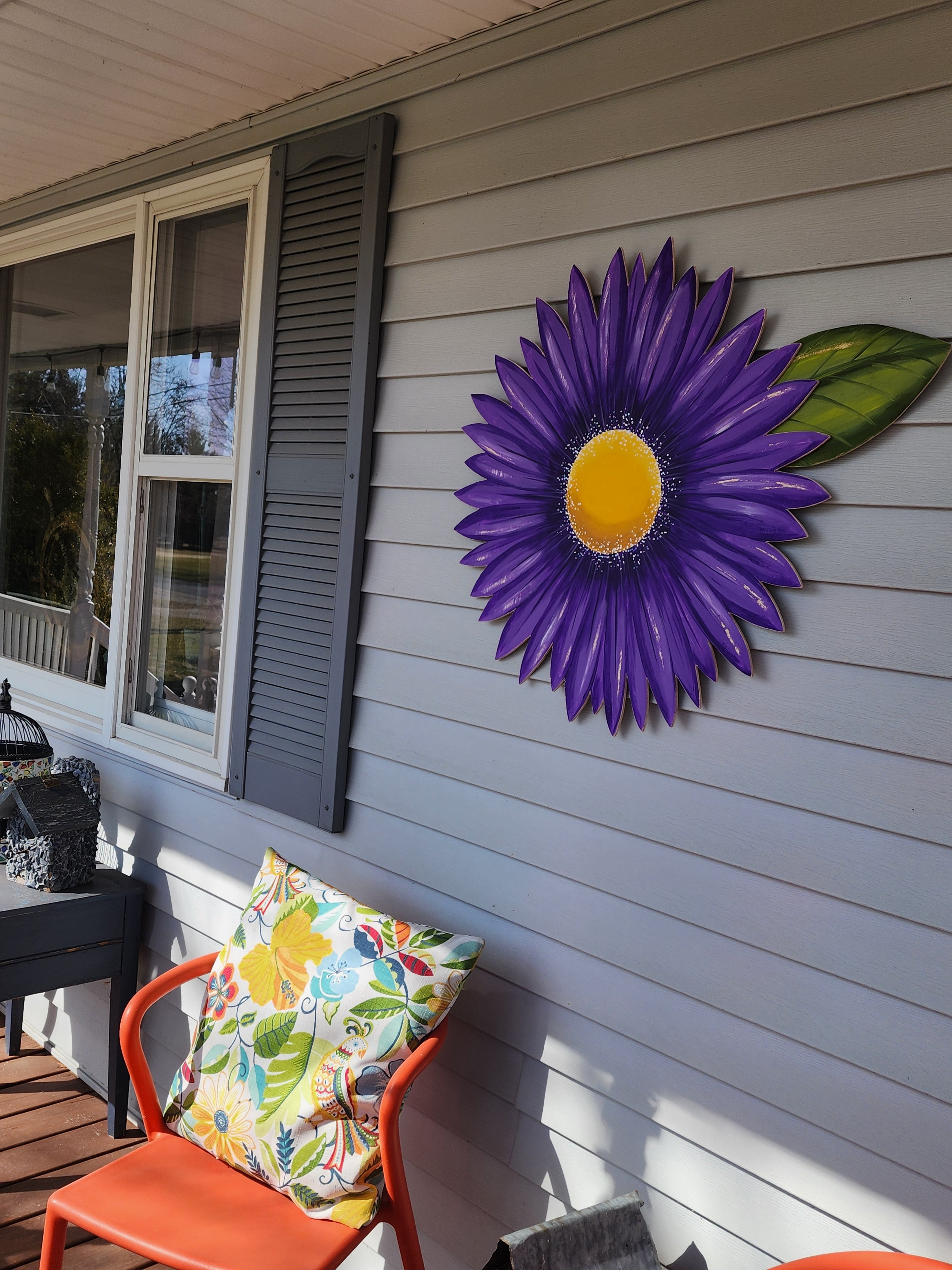 Giant hand painted purple gerbera daisy Summer porch wall art, rustic farmhouse wild flower statement sign, Spring wood door hanger