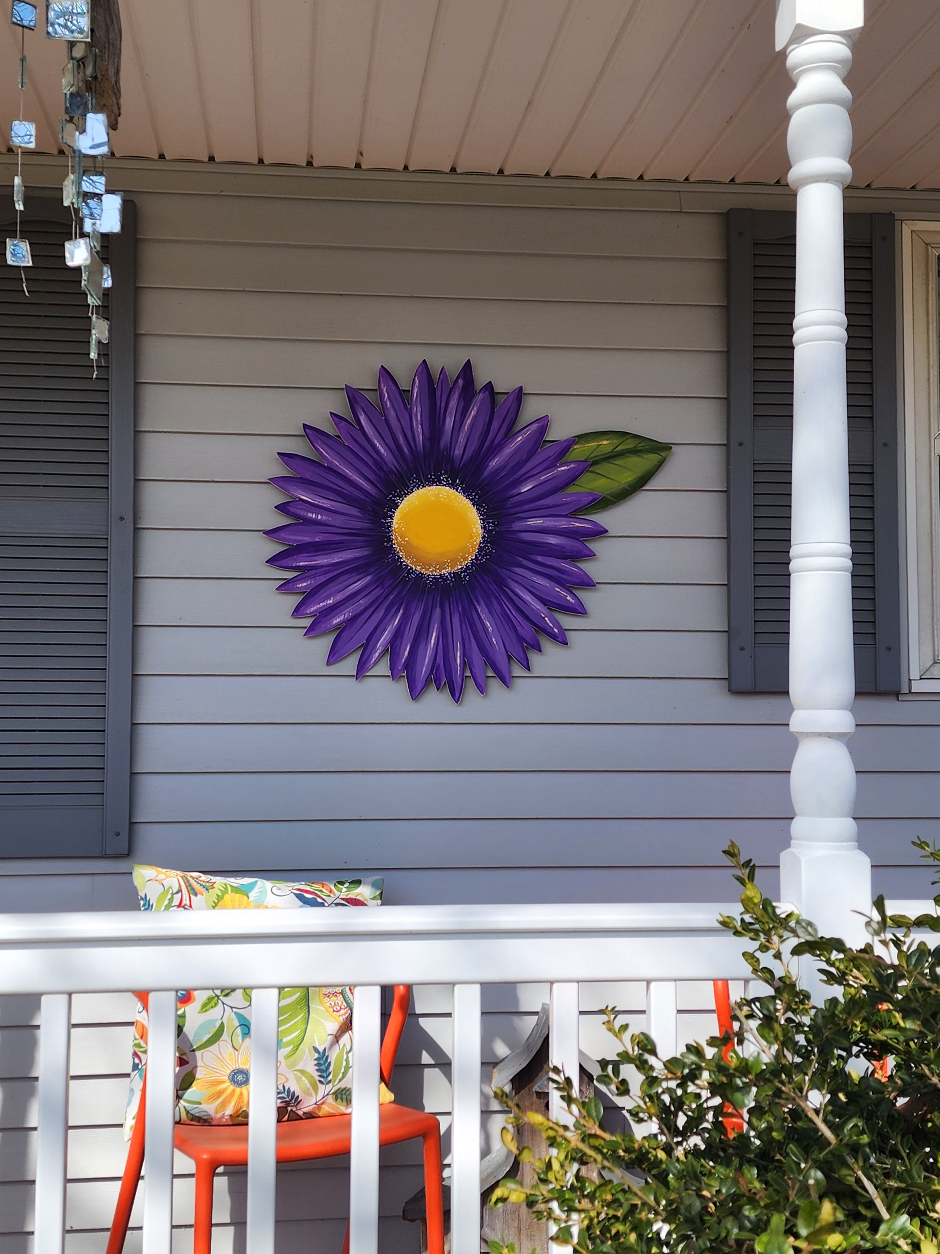 Giant hand painted purple gerbera daisy Summer porch wall art, rustic farmhouse wild flower statement sign, Spring wood door hanger