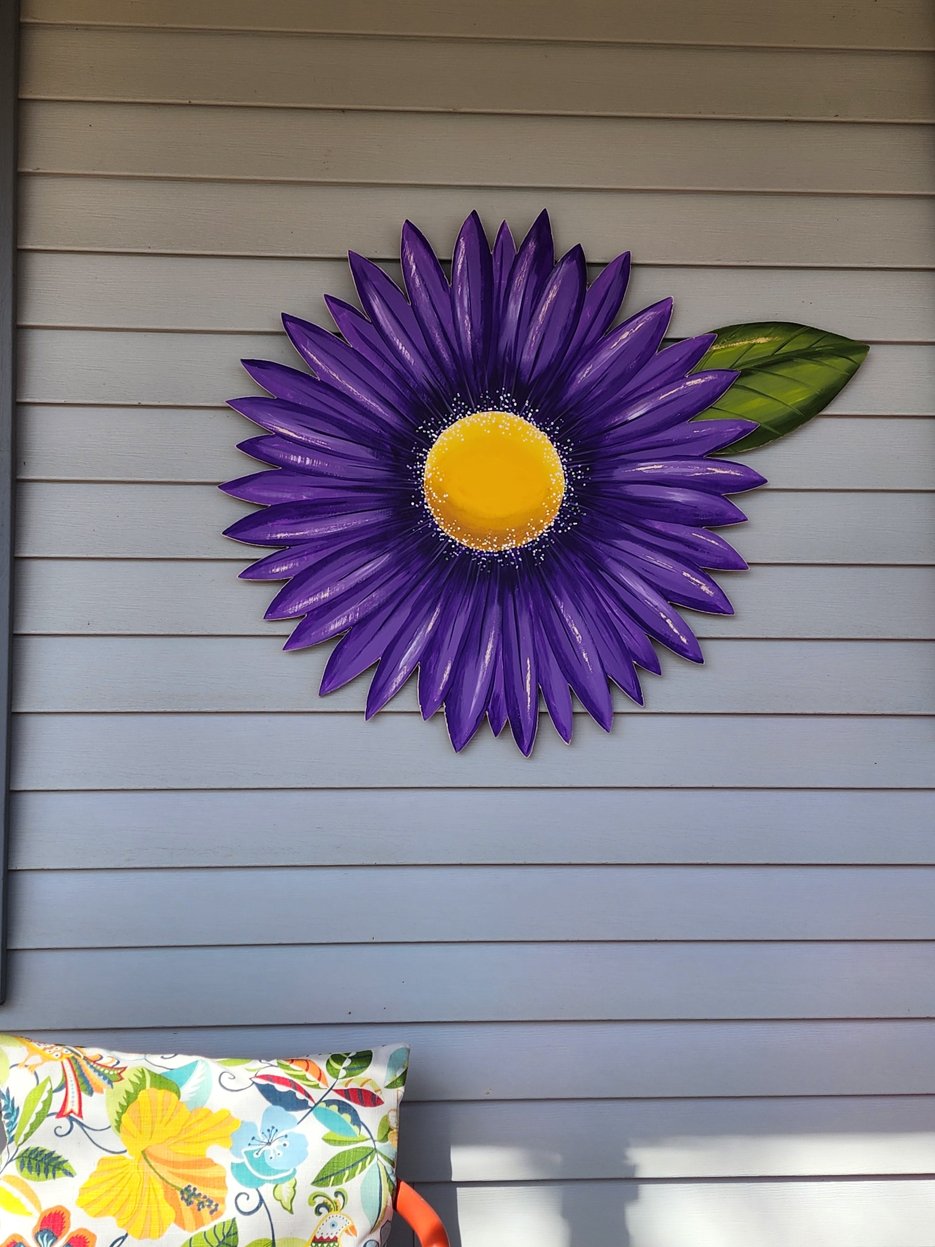 Giant hand painted purple gerbera daisy Summer porch wall art, rustic farmhouse wild flower statement sign, Spring wood door hanger