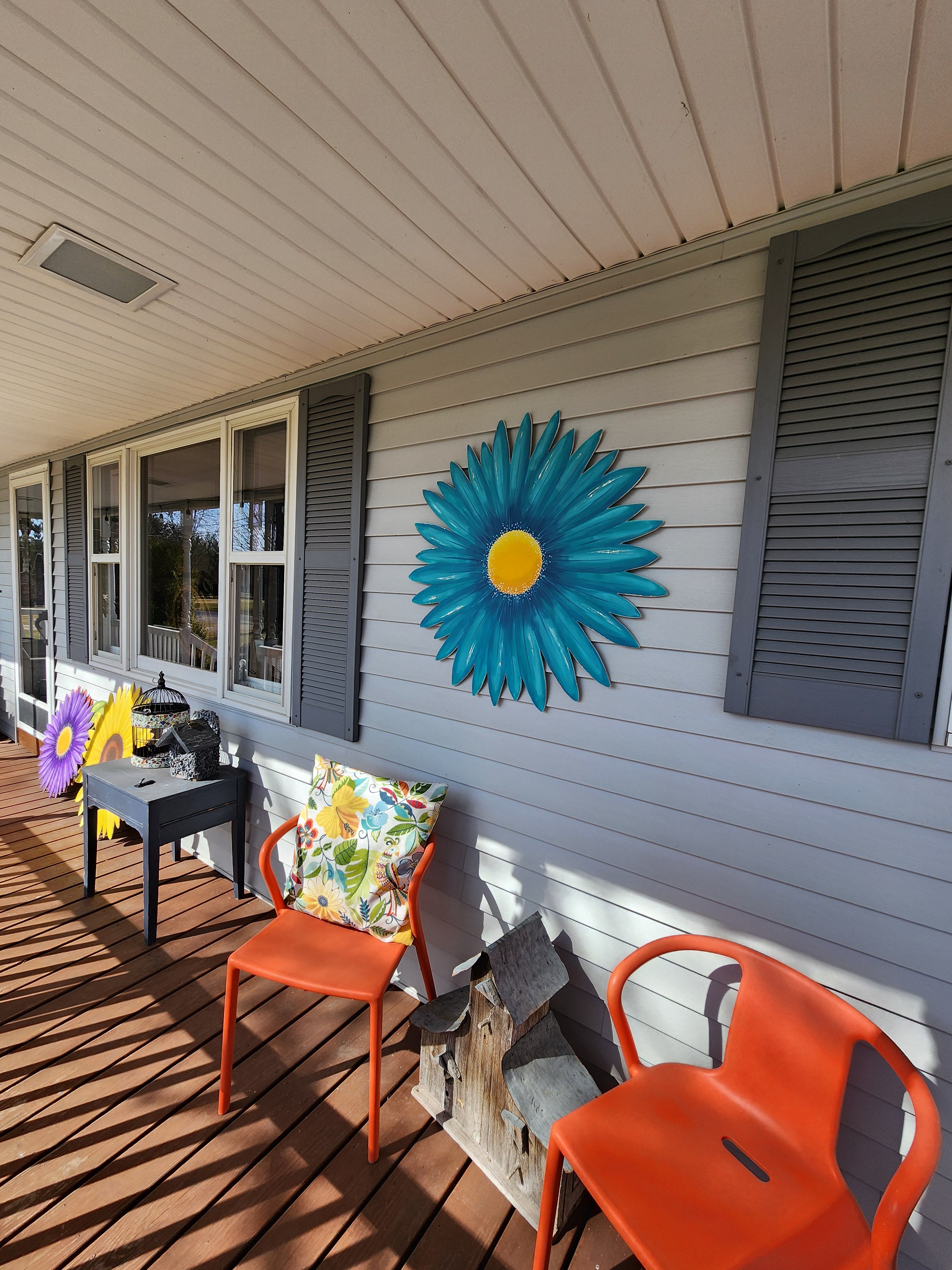 Giant hand painted turquoise aqua gerbera daisy Summer porch wall art, rustic farmhouse wild flower statement sign, Spring wood door hanger