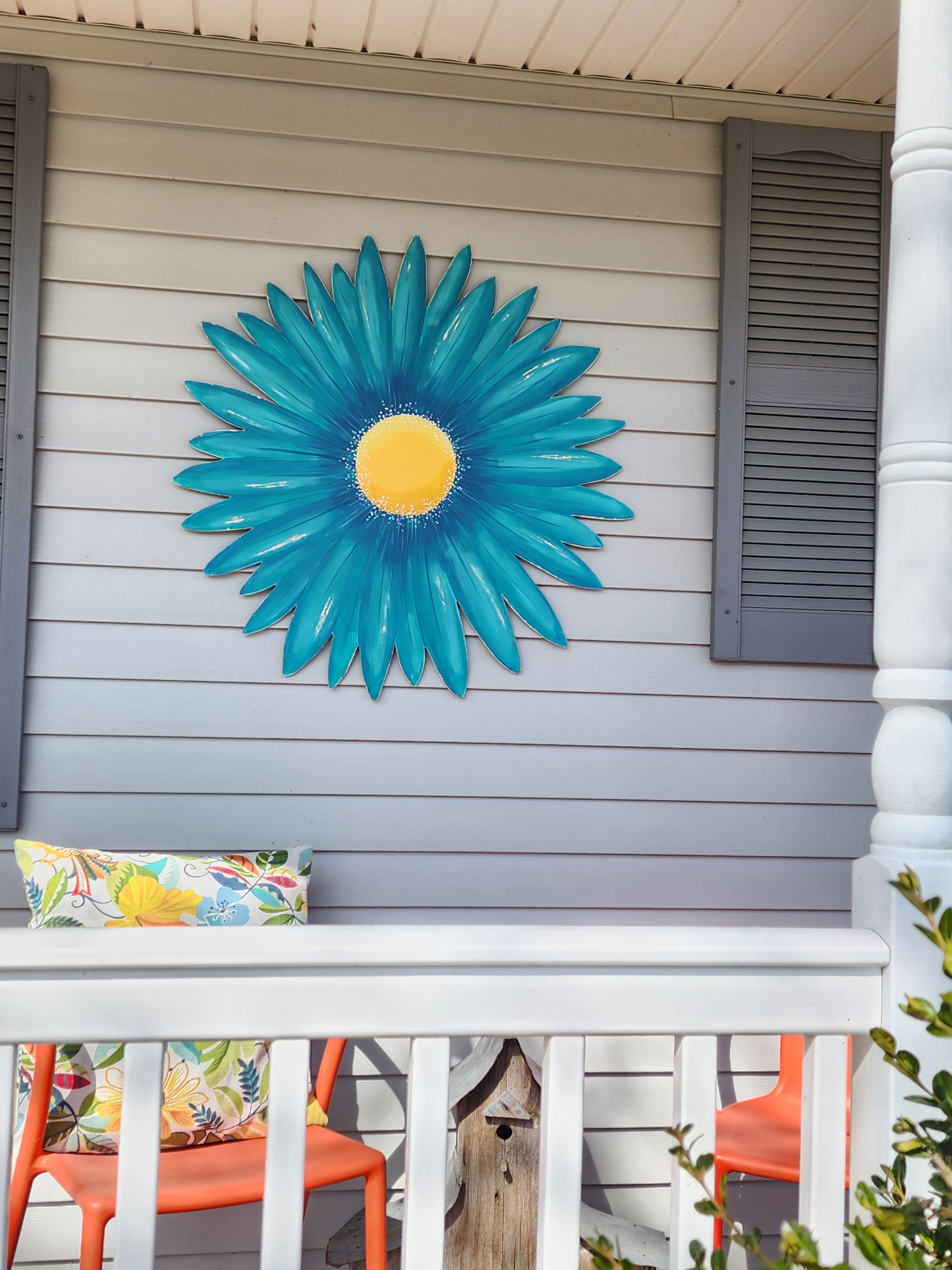 Giant hand painted turquoise aqua gerbera daisy Summer porch wall art, rustic farmhouse wild flower statement sign, Spring wood door hanger