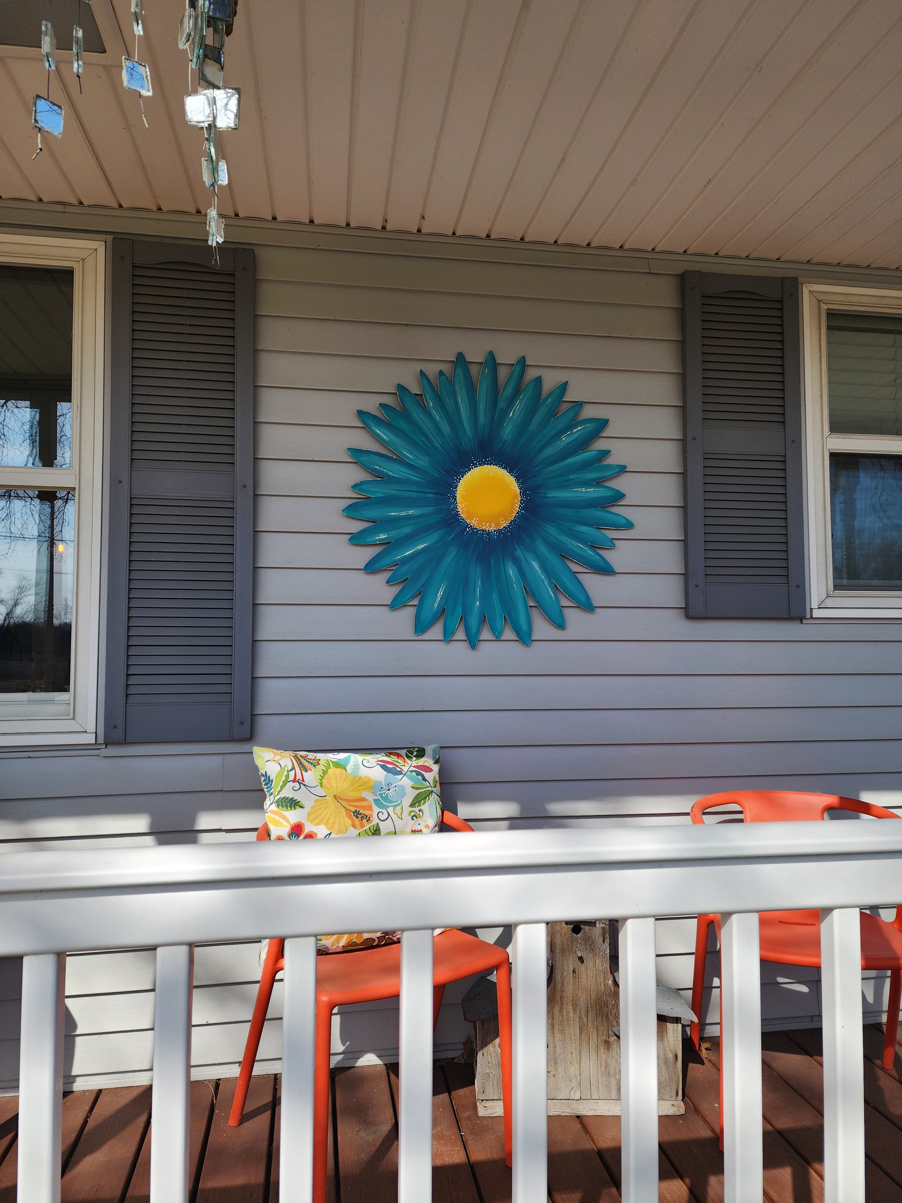 Giant hand painted turquoise aqua gerbera daisy Summer porch wall art, rustic farmhouse wild flower statement sign, Spring wood door hanger