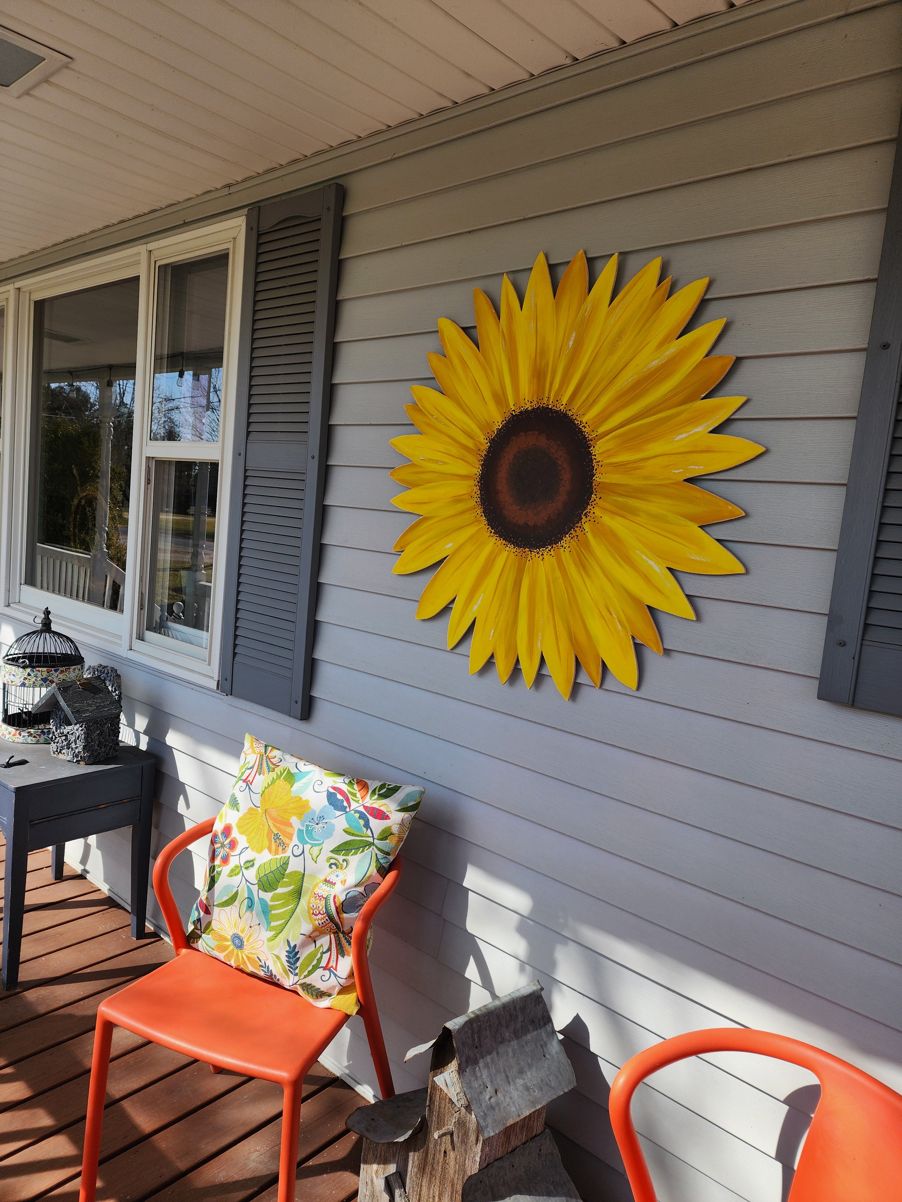 Giant hand painted sunflower Summer porch wall art, rustic farmhouse wild flower statement art, gift flower lover, Spring wood door hanger