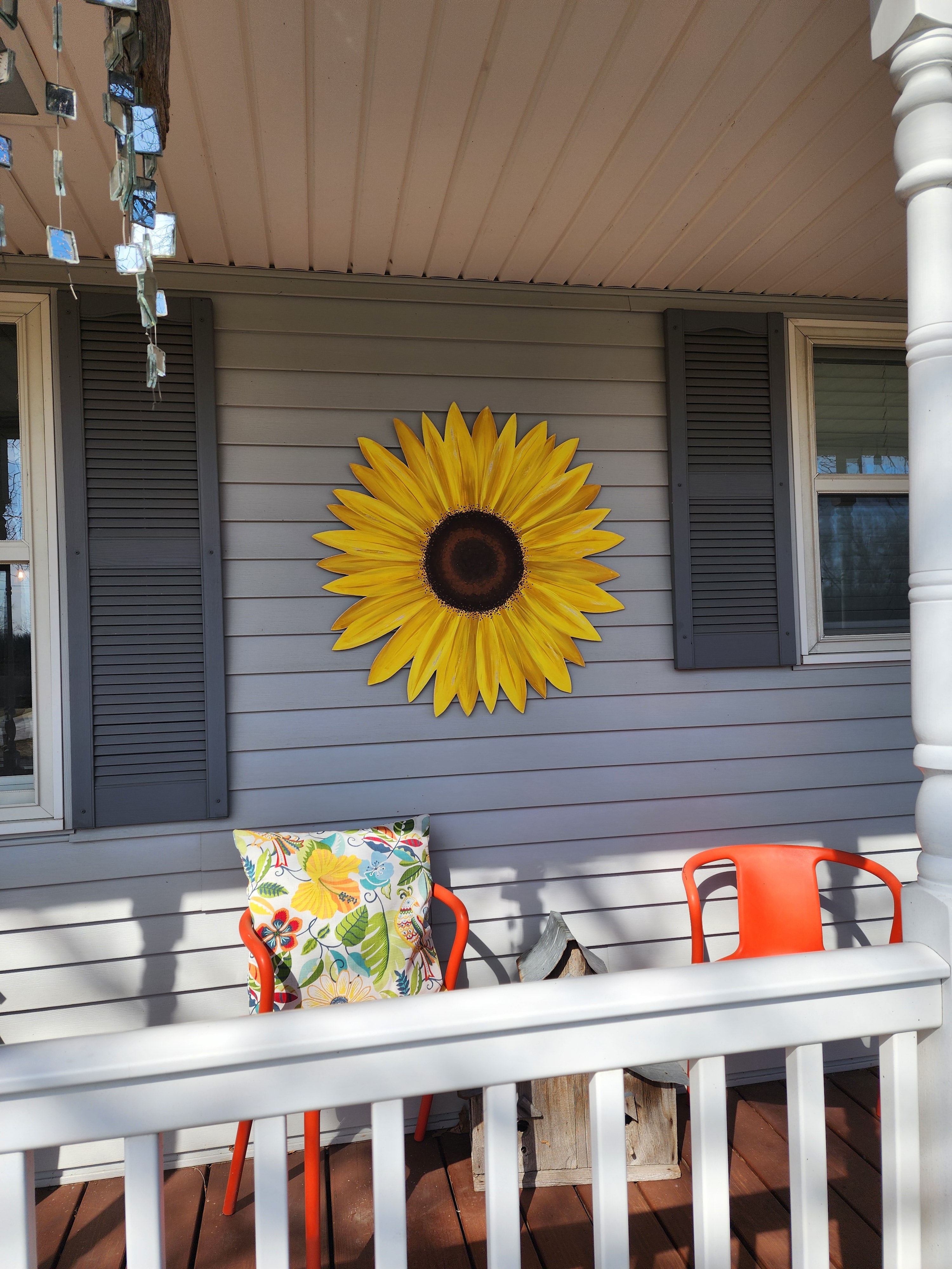 Giant hand painted sunflower Summer porch wall art, rustic farmhouse wild flower statement art, gift flower lover, Spring wood door hanger