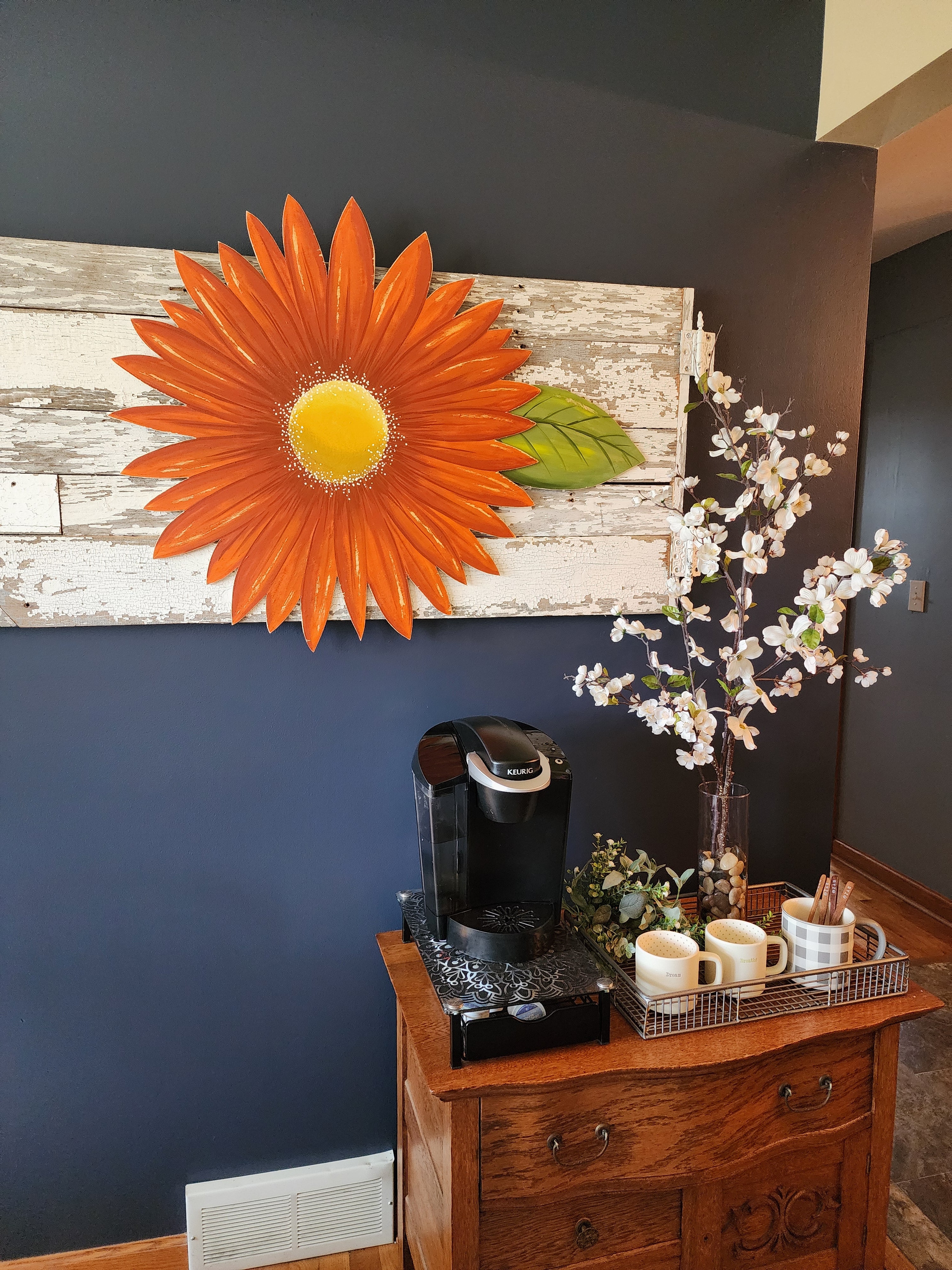 Large hand painted orange gerbera daisy Summer porch wall art, rustic farmhouse wild flower statement art, Spring wood door hanger