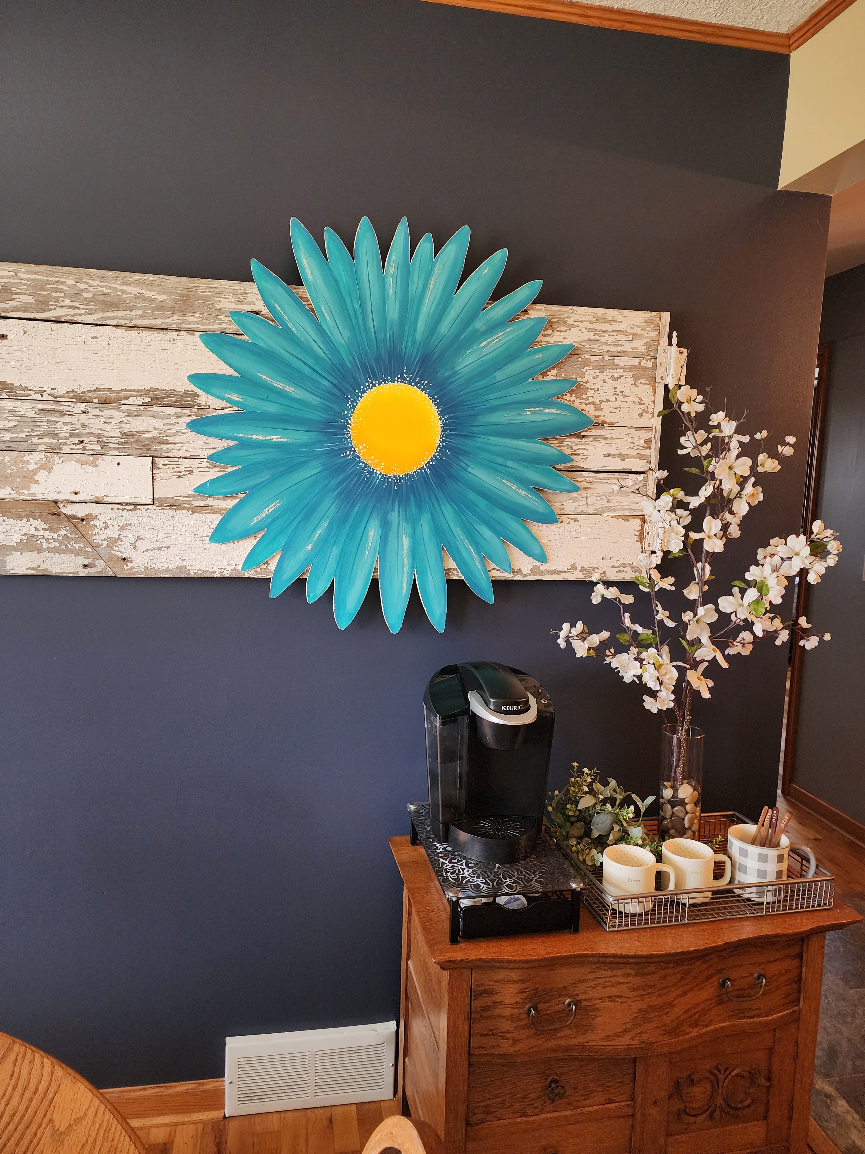 Giant hand painted turquoise aqua gerbera daisy Summer porch wall art, rustic farmhouse wild flower statement sign, Spring wood door hanger