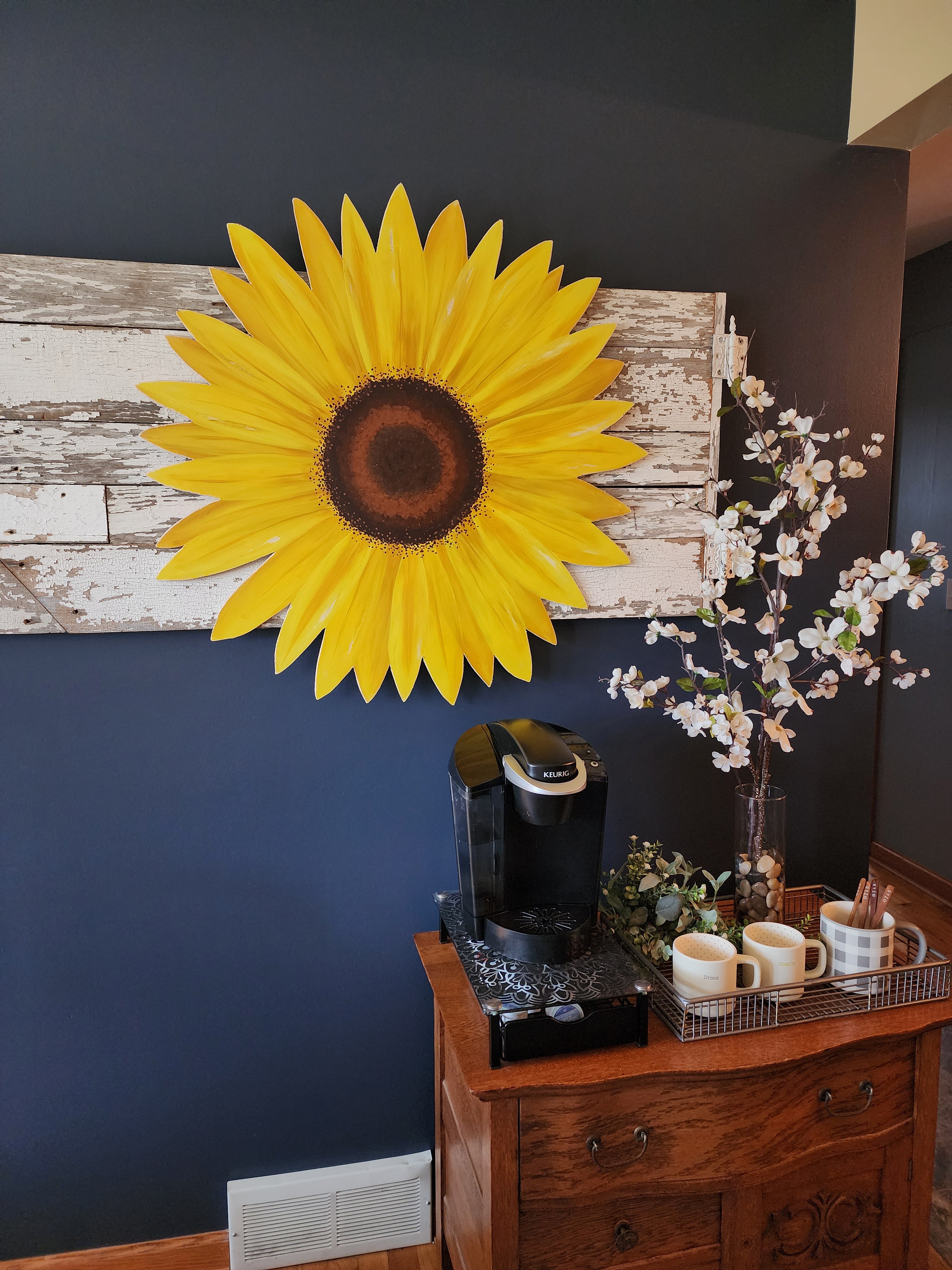 Giant hand painted sunflower Summer porch wall art, rustic farmhouse wild flower statement art, gift flower lover, Spring wood door hanger