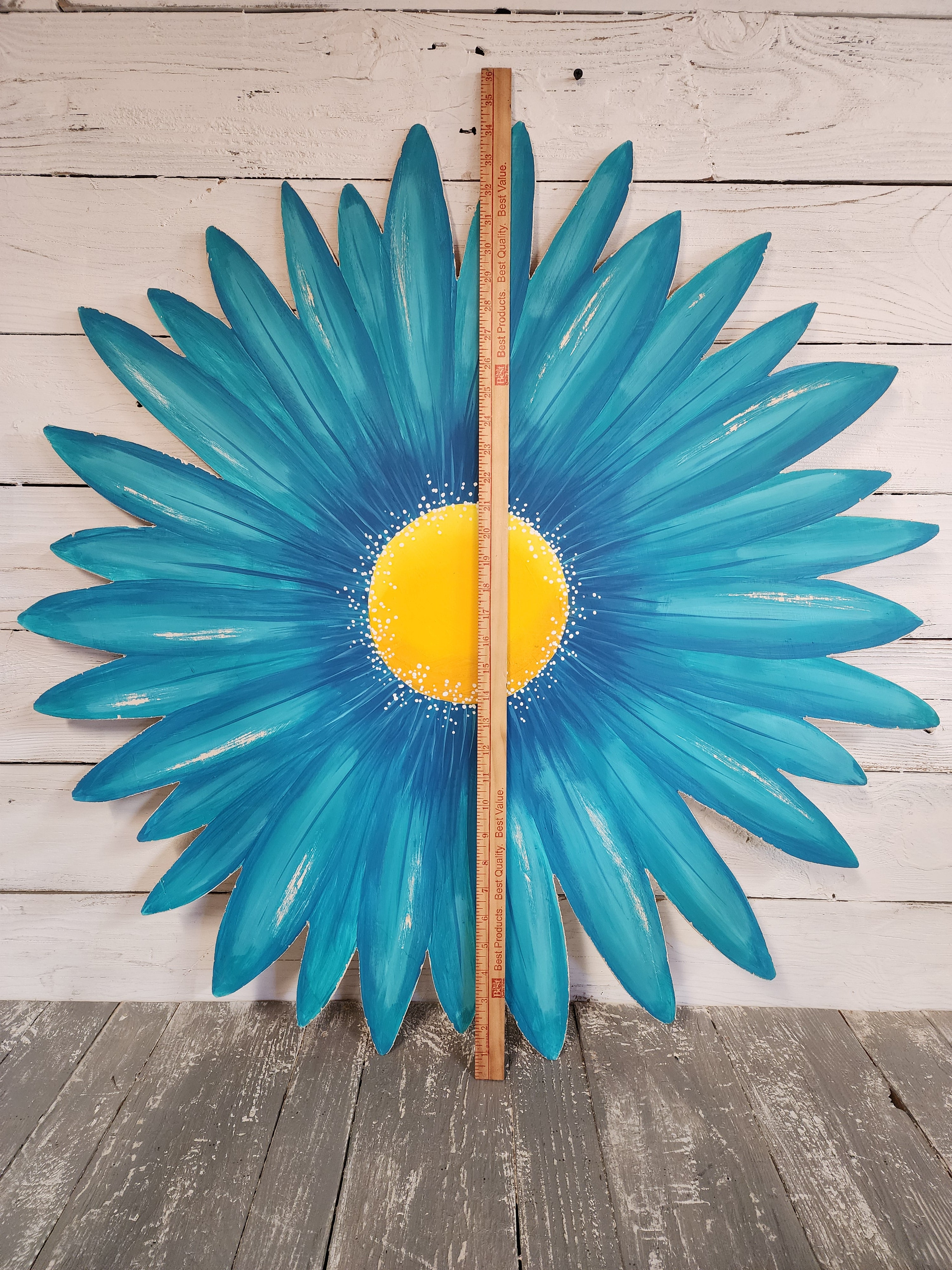 Giant hand painted turquoise aqua gerbera daisy Summer porch wall art, rustic farmhouse wild flower statement sign, Spring wood door hanger