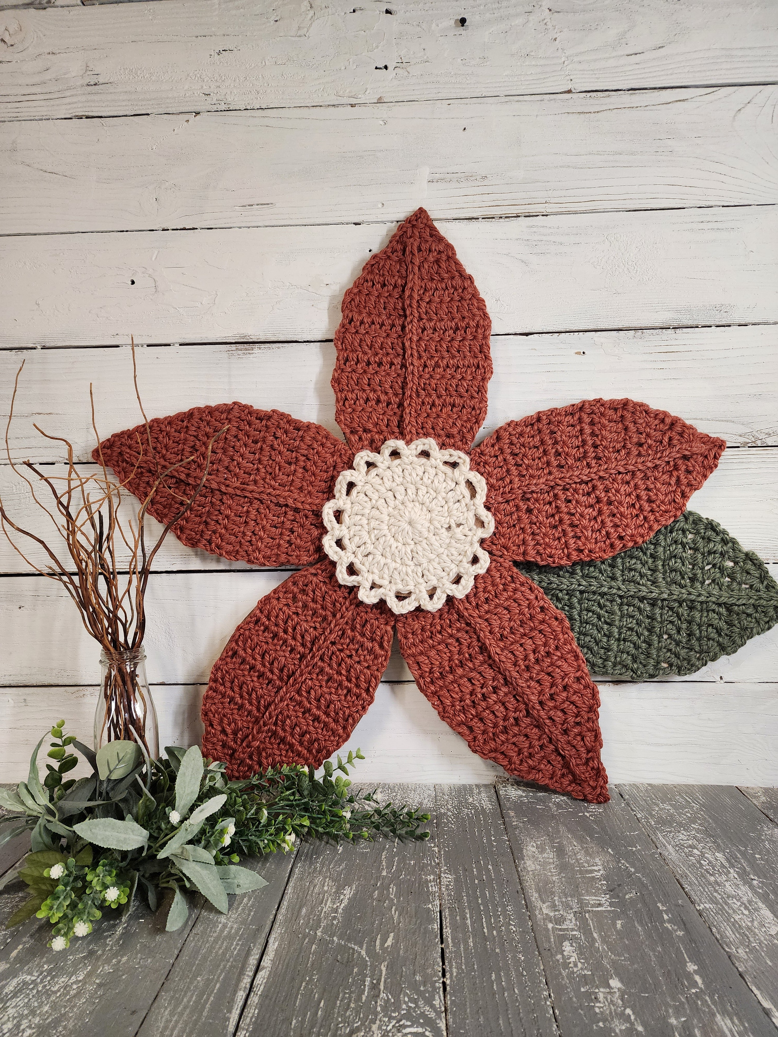 Giant flower wall art rust orange crochet handmade, mother day boho decor, girl floral nursery decor, wildflower boho statement artwork