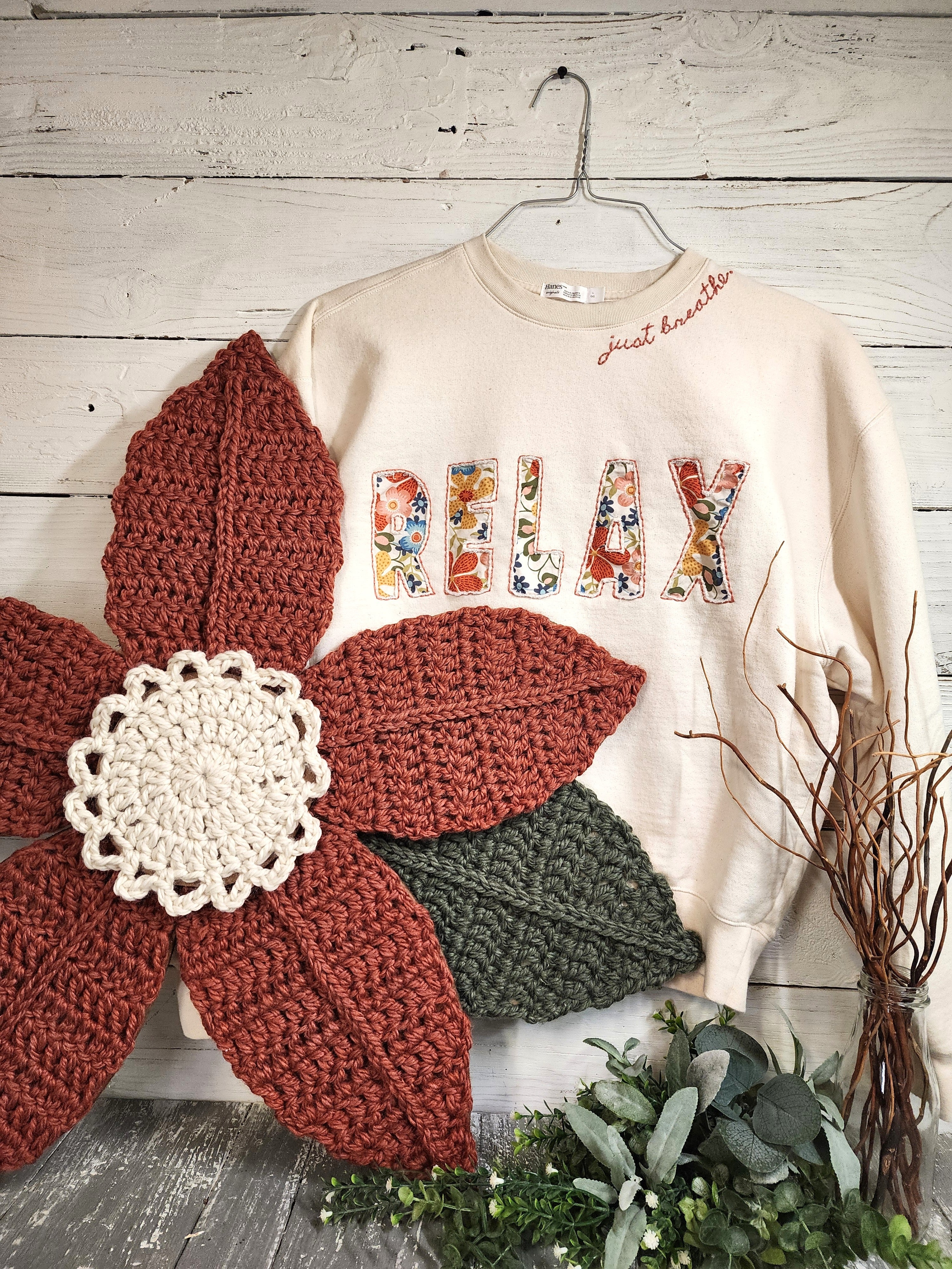Mother’s Day Gift Set | Boho Wall Decor + Relax embroidered Sweatshirt | Giant Handcrafted Crochet Flower +  | "Just Breathe" Gift for Her