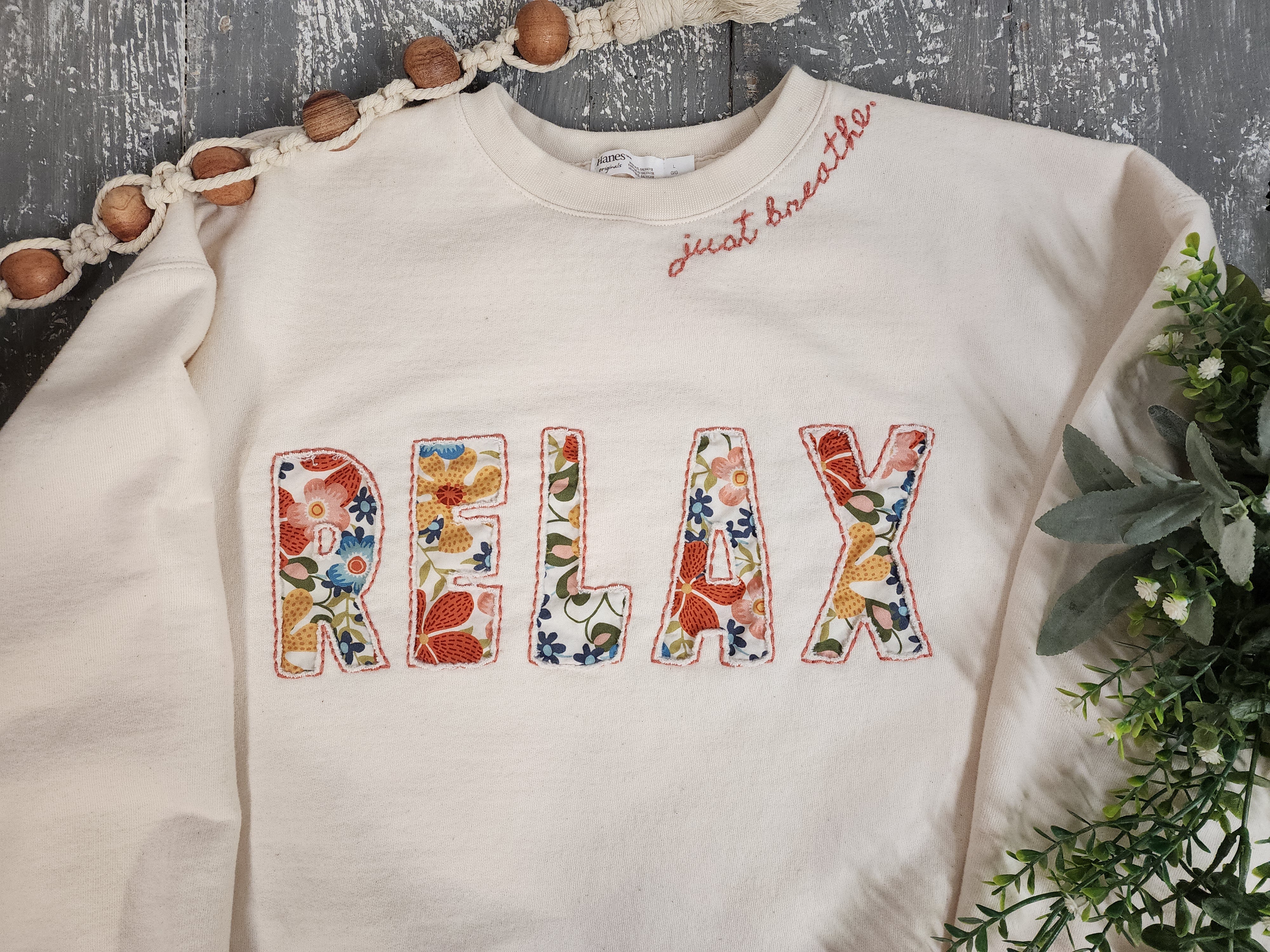 Mother’s Day Gift Set | Boho Wall Decor + Relax embroidered Sweatshirt | Giant Handcrafted Crochet Flower +  | "Just Breathe" Gift for Her