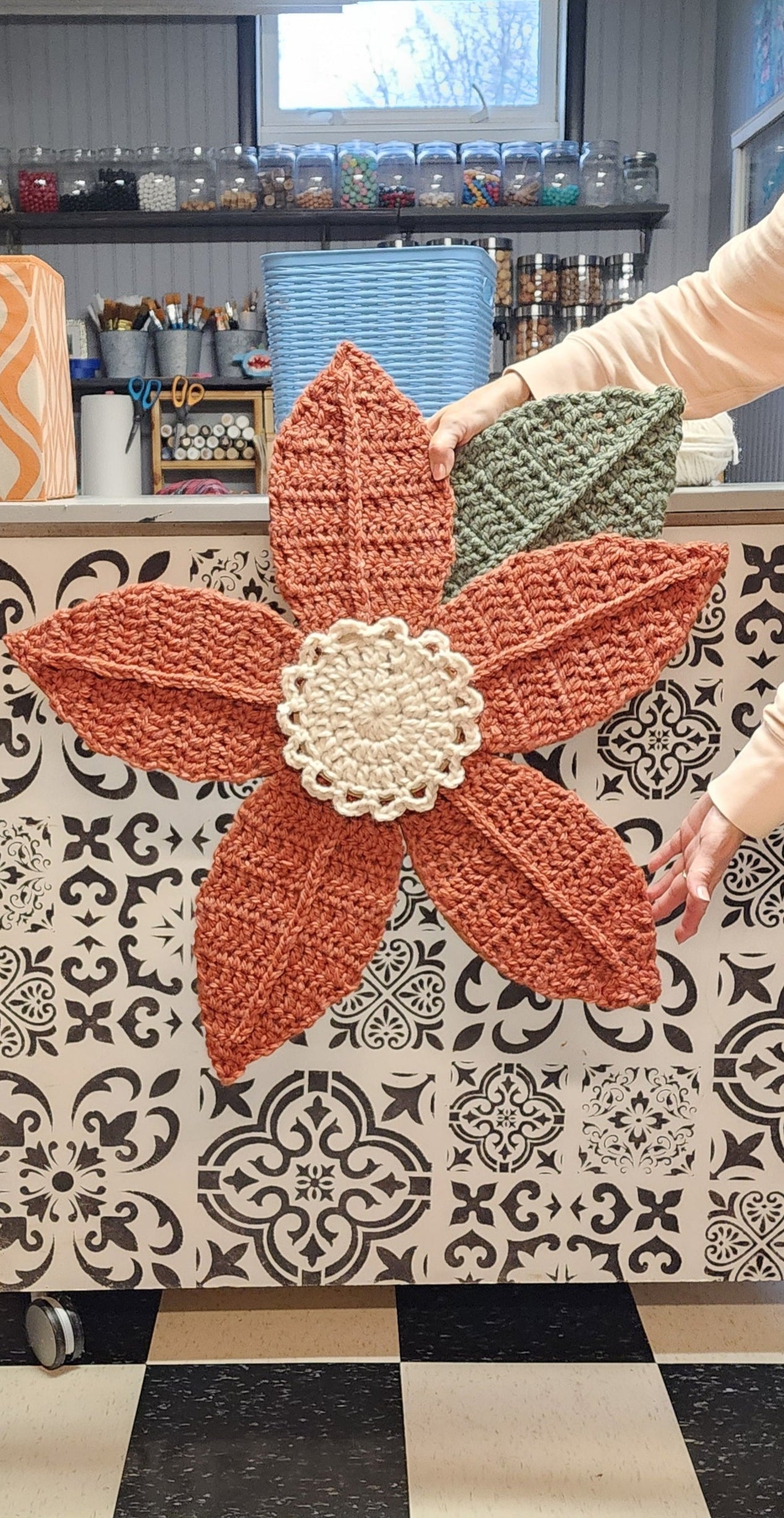 Giant flower wall art rust orange crochet handmade, mother day boho decor, girl floral nursery decor, wildflower boho statement artwork
