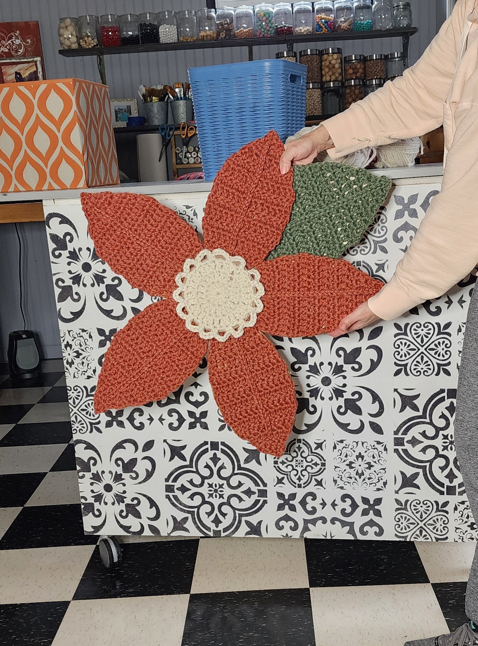 Giant flower wall art rust orange crochet handmade, mother day boho decor, girl floral nursery decor, wildflower boho statement artwork
