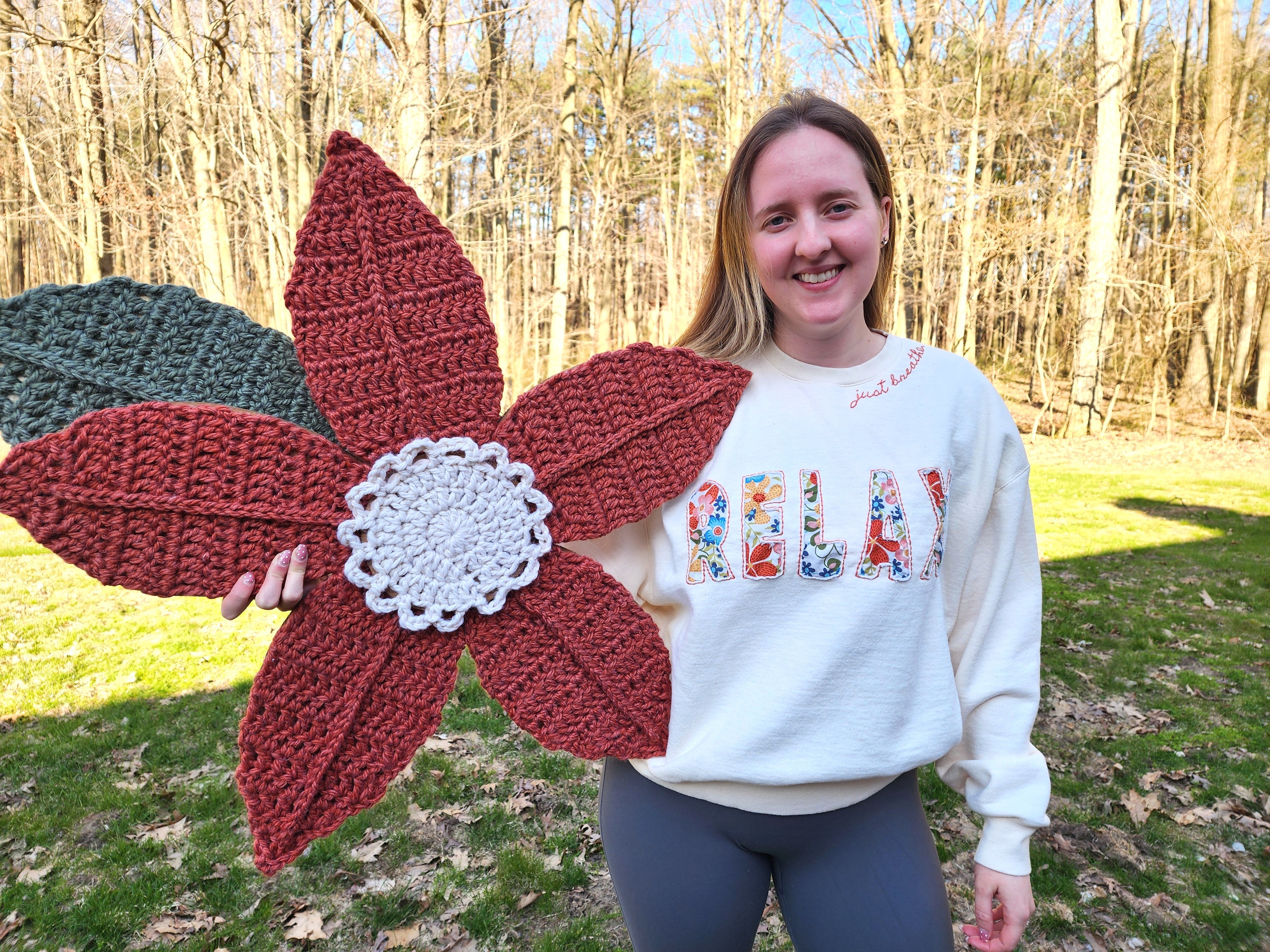 Mother’s Day Gift Set | Boho Wall Decor + Relax embroidered Sweatshirt | Giant Handcrafted Crochet Flower +  | "Just Breathe" Gift for Her