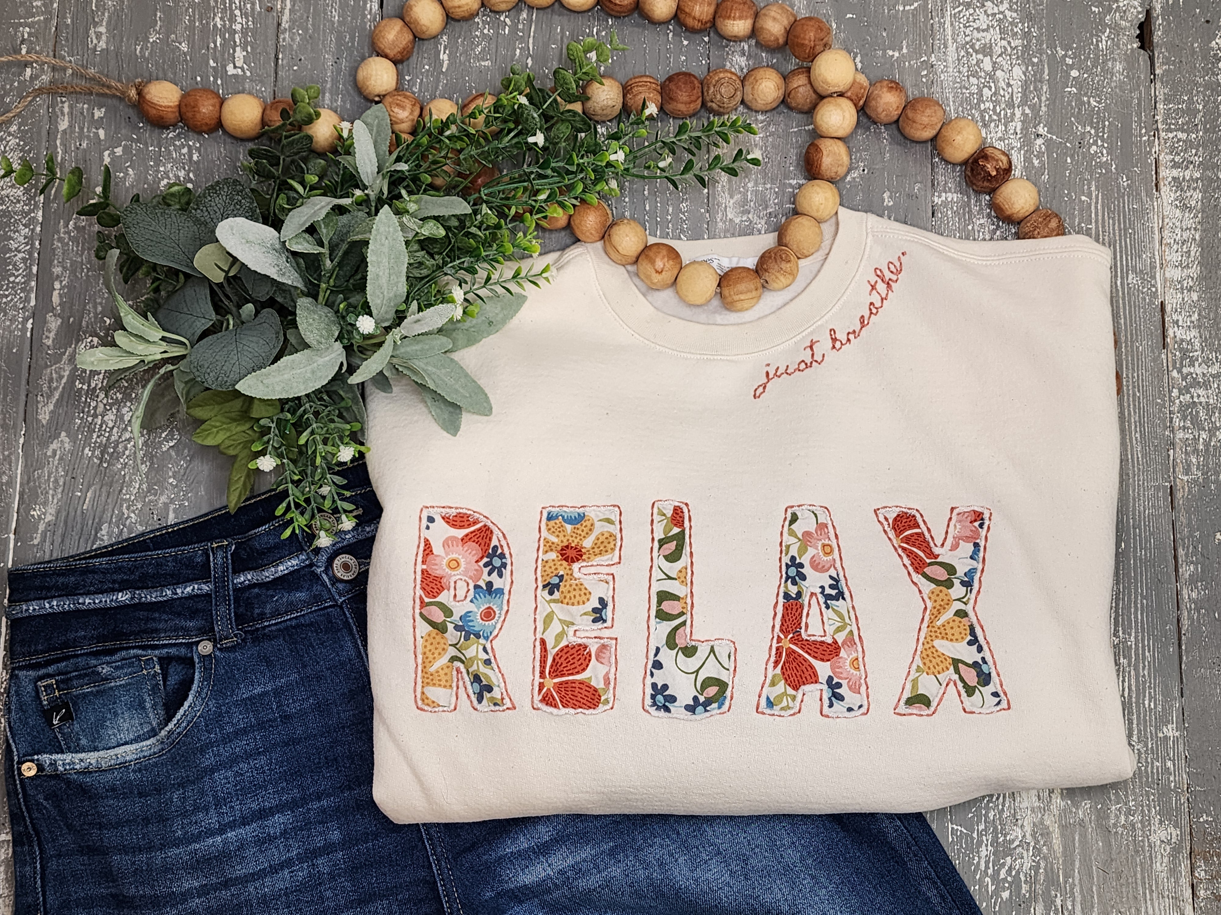 Mother’s Day Gift | Boho comfy Relax embroidered Sweatshirt | Self-care warm handmade crew "Just Breathe" | Gift for Her \ floral calico