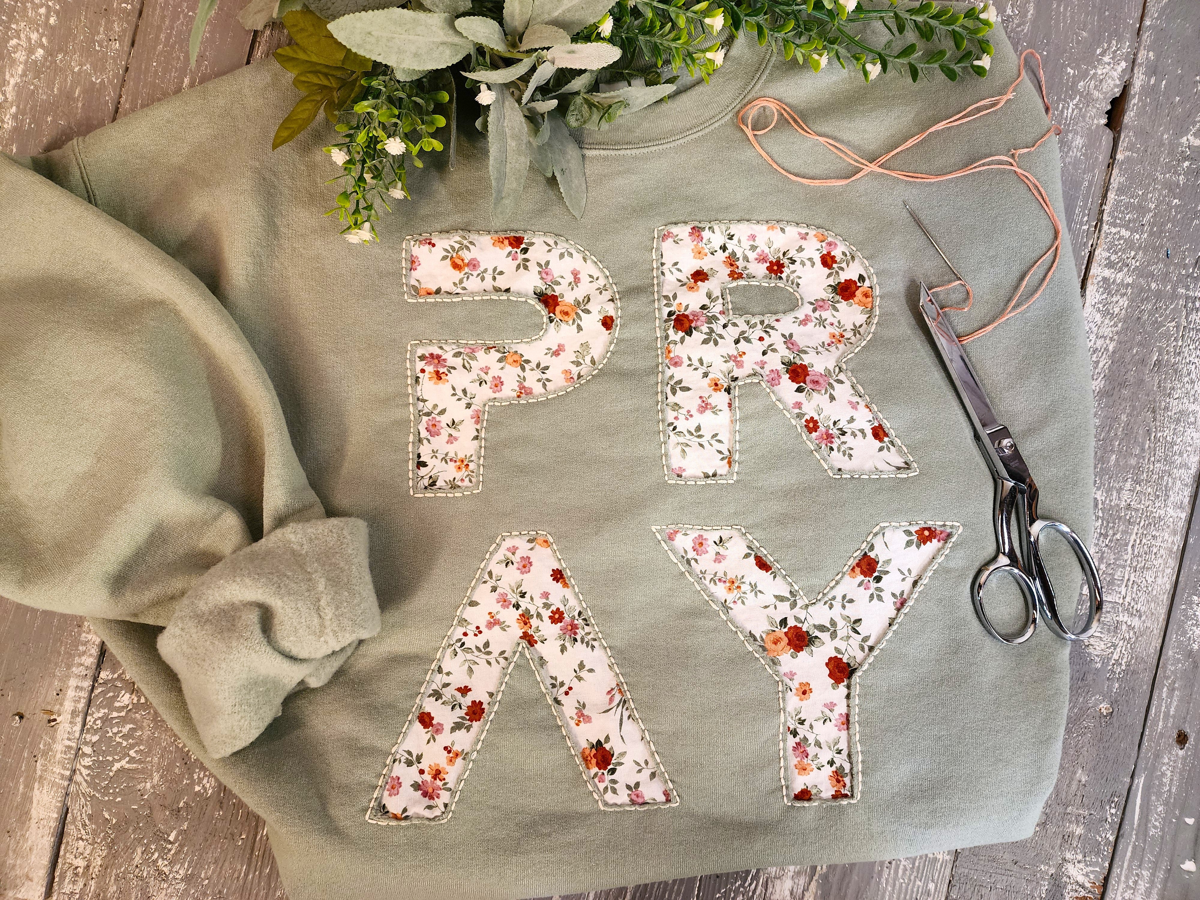 Christmas gift set, cozy hand made embroidery sweatshirt, PRAY, junk journal recycled calico frame, crochet bucket hat
