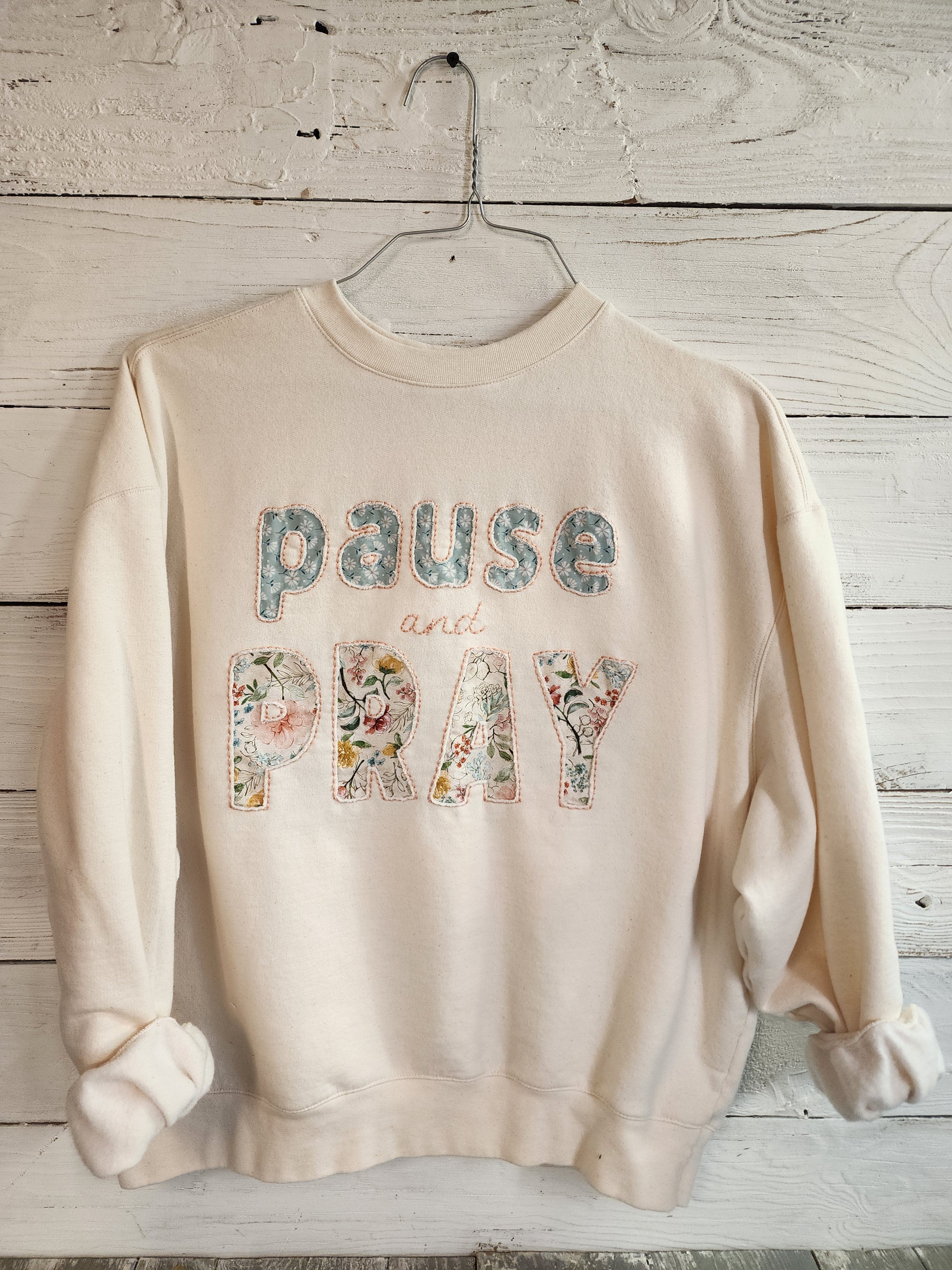 Floral Boho comfy faith embroidered Sweatshirt | Self-care warm handmade crew | Christian Gift for Her \ floral calico / homemade, pray