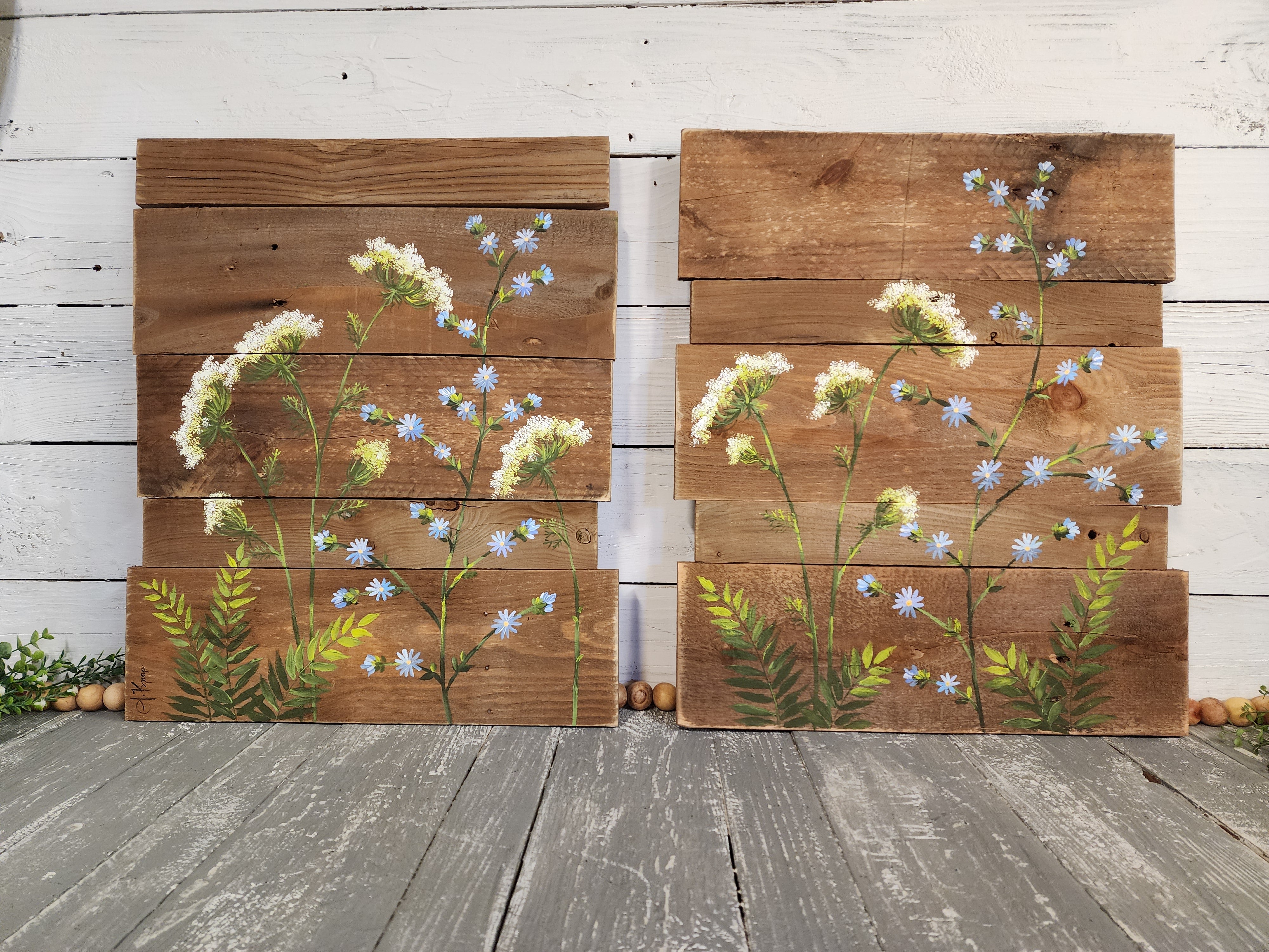 2 Piece Pallet wall art with hand painted wild flowers, cedar natural wood stain for modern mid century farmhouse decor, gardening gift, cottagecore