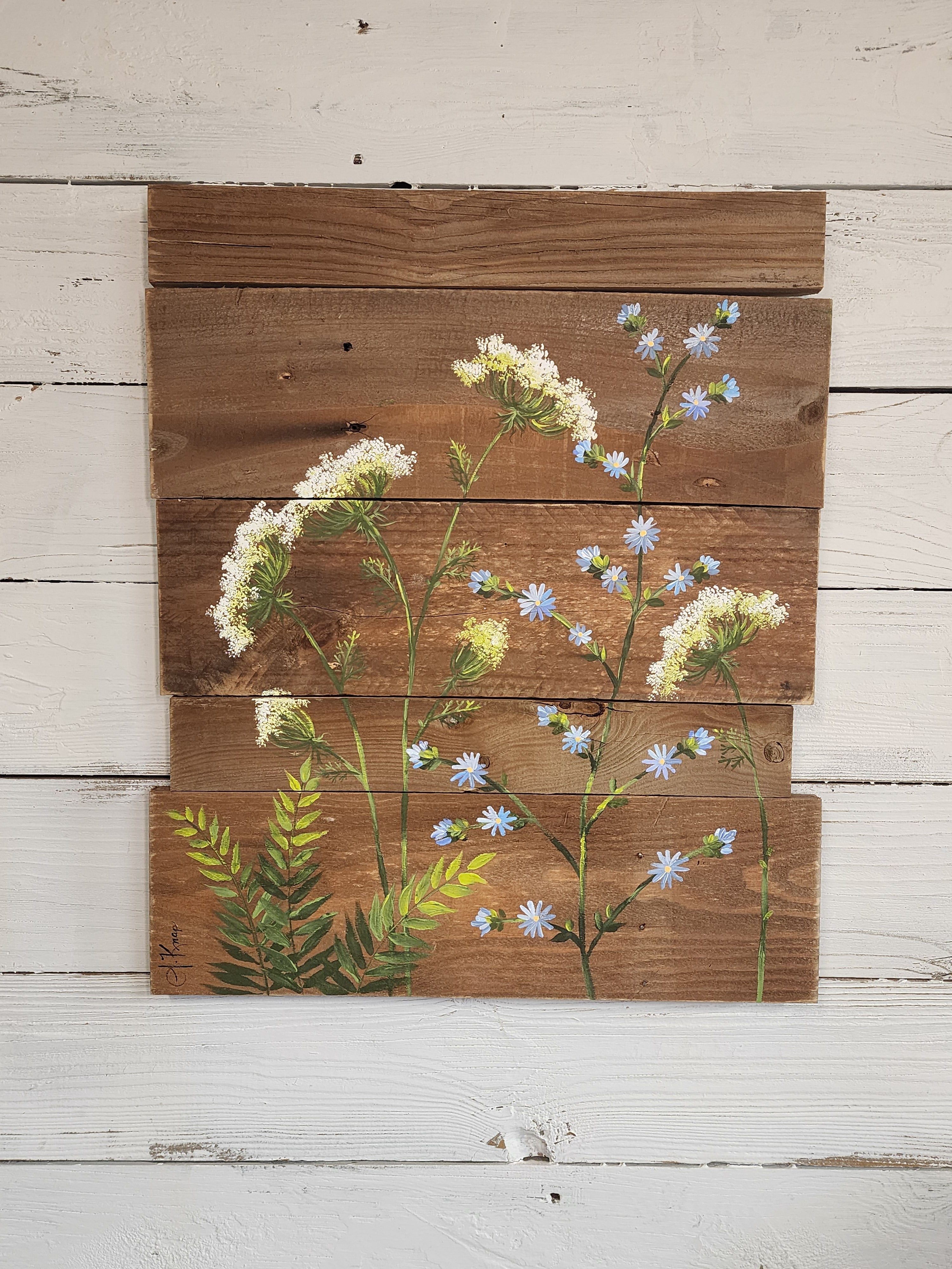 2 Piece Pallet wall art with hand painted wild flowers, cedar natural wood stain for modern mid century farmhouse decor, gardening gift, cottagecore