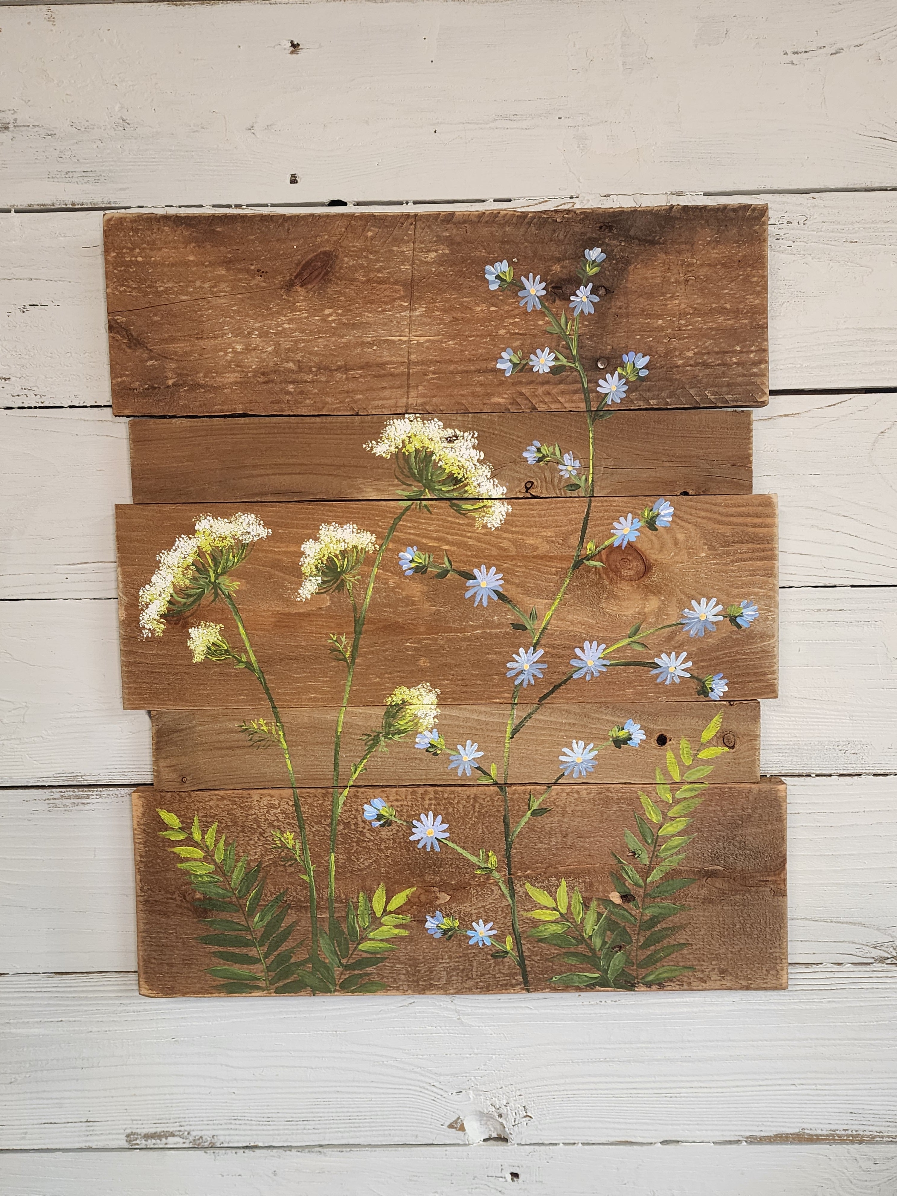 2 Piece Pallet wall art with hand painted wild flowers, cedar natural wood stain for modern mid century farmhouse decor, gardening gift, cottagecore
