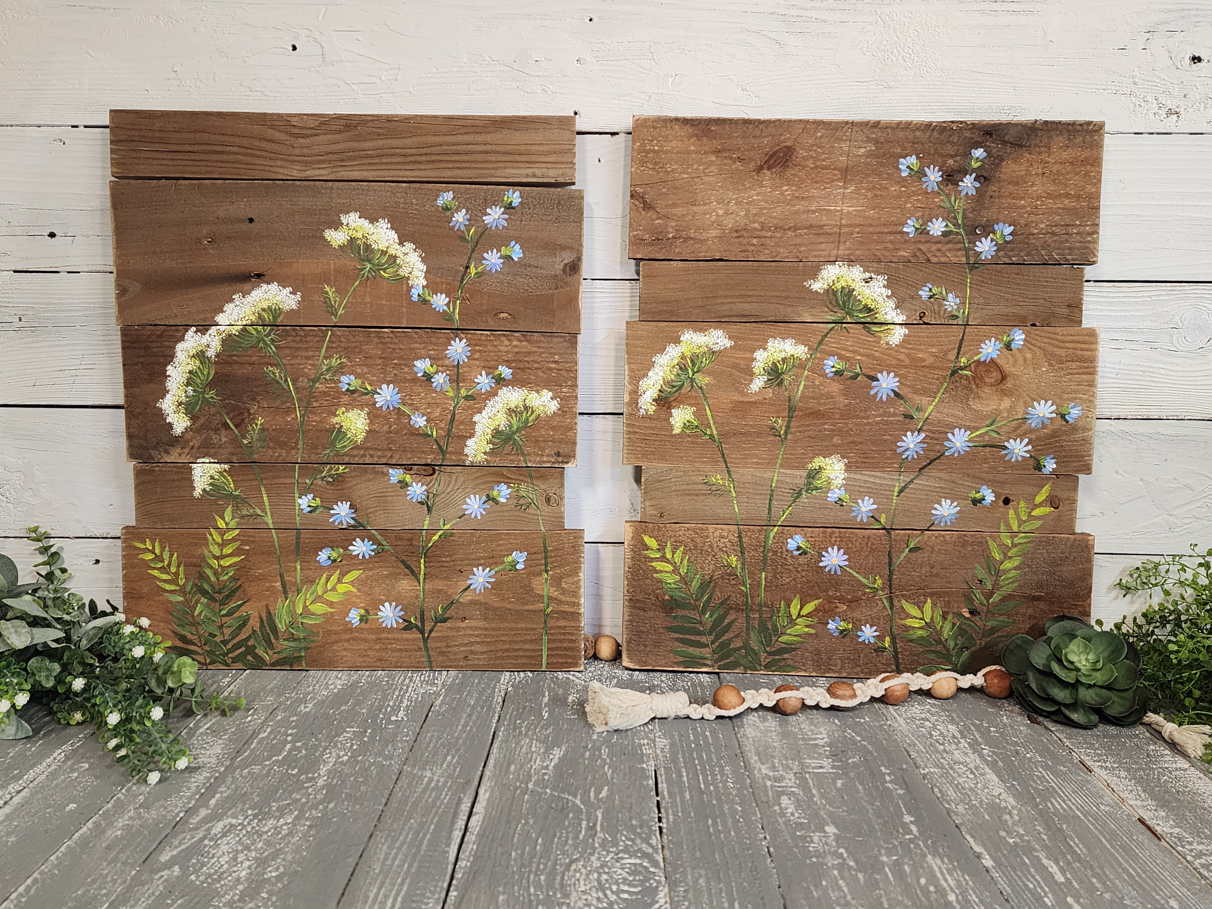 wooden wall hanging for plants 2 Piece Pallet wall art with hand painted wild flowers, cedar natural – The White Birch Studio