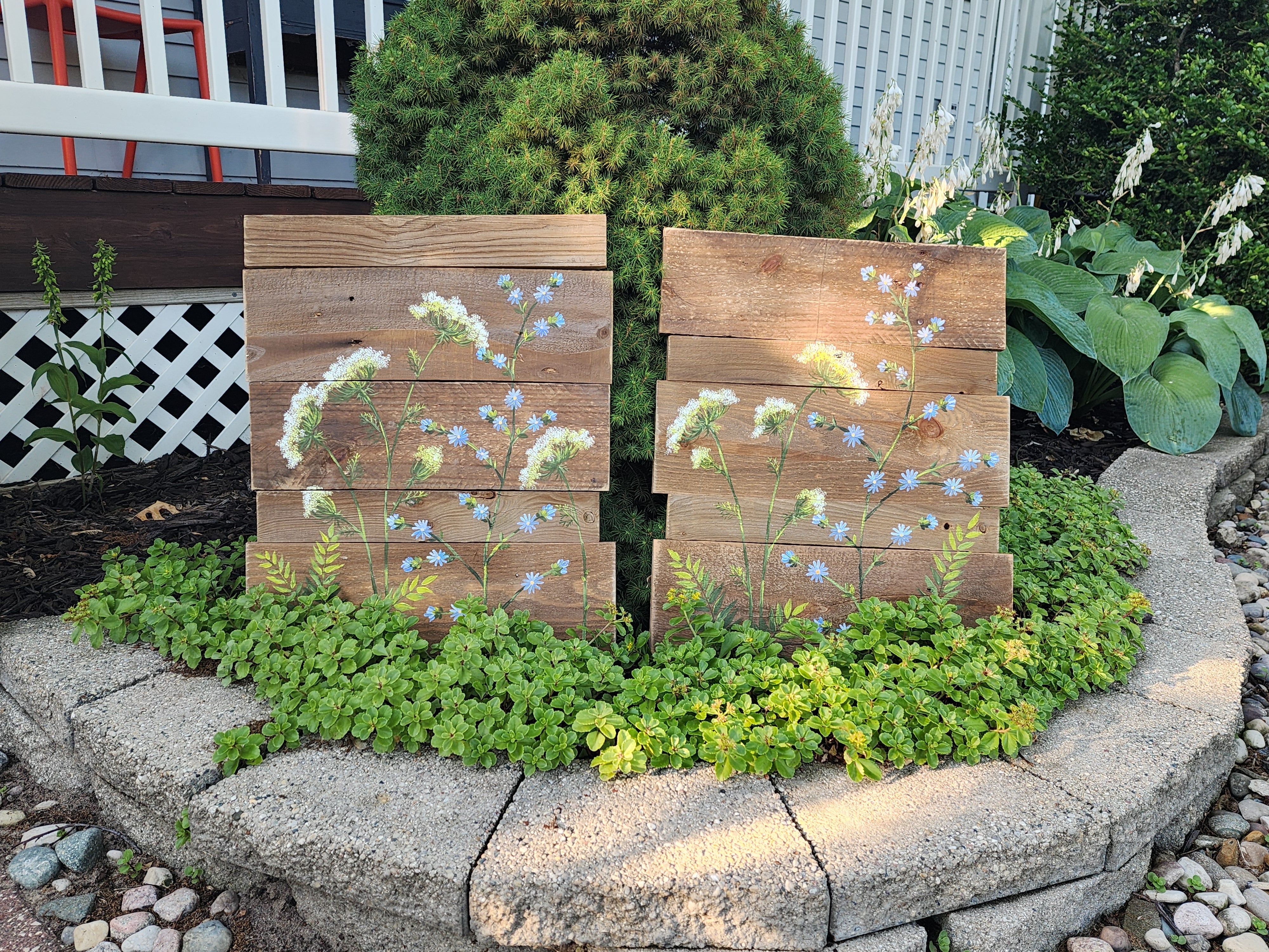 2 Piece Pallet wall art with hand painted wild flowers, cedar natural wood stain for modern mid century farmhouse decor, gardening gift, cottagecore