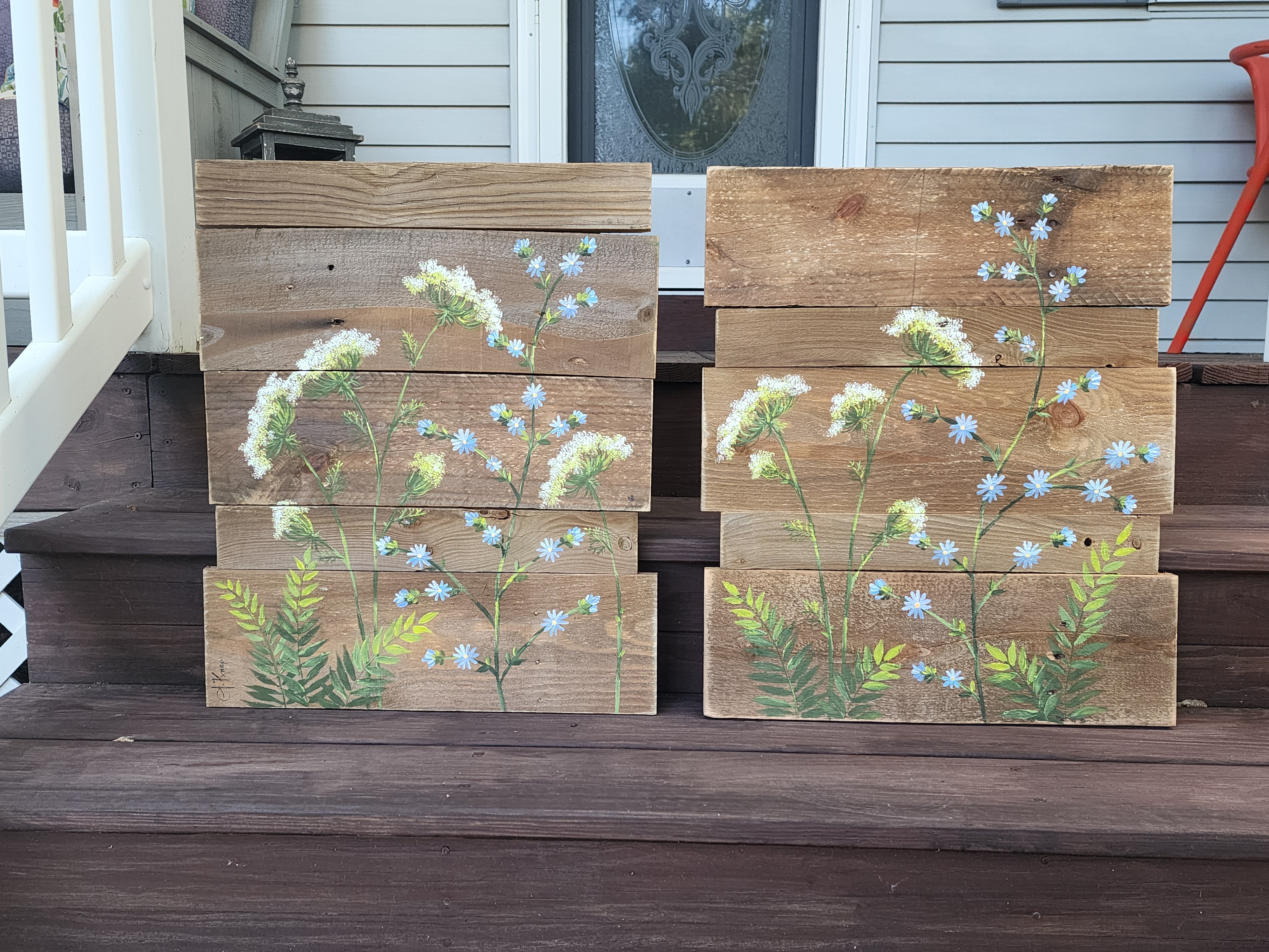 2 Piece Pallet wall art with hand painted wild flowers, cedar natural wood stain for modern mid century farmhouse decor, gardening gift, cottagecore