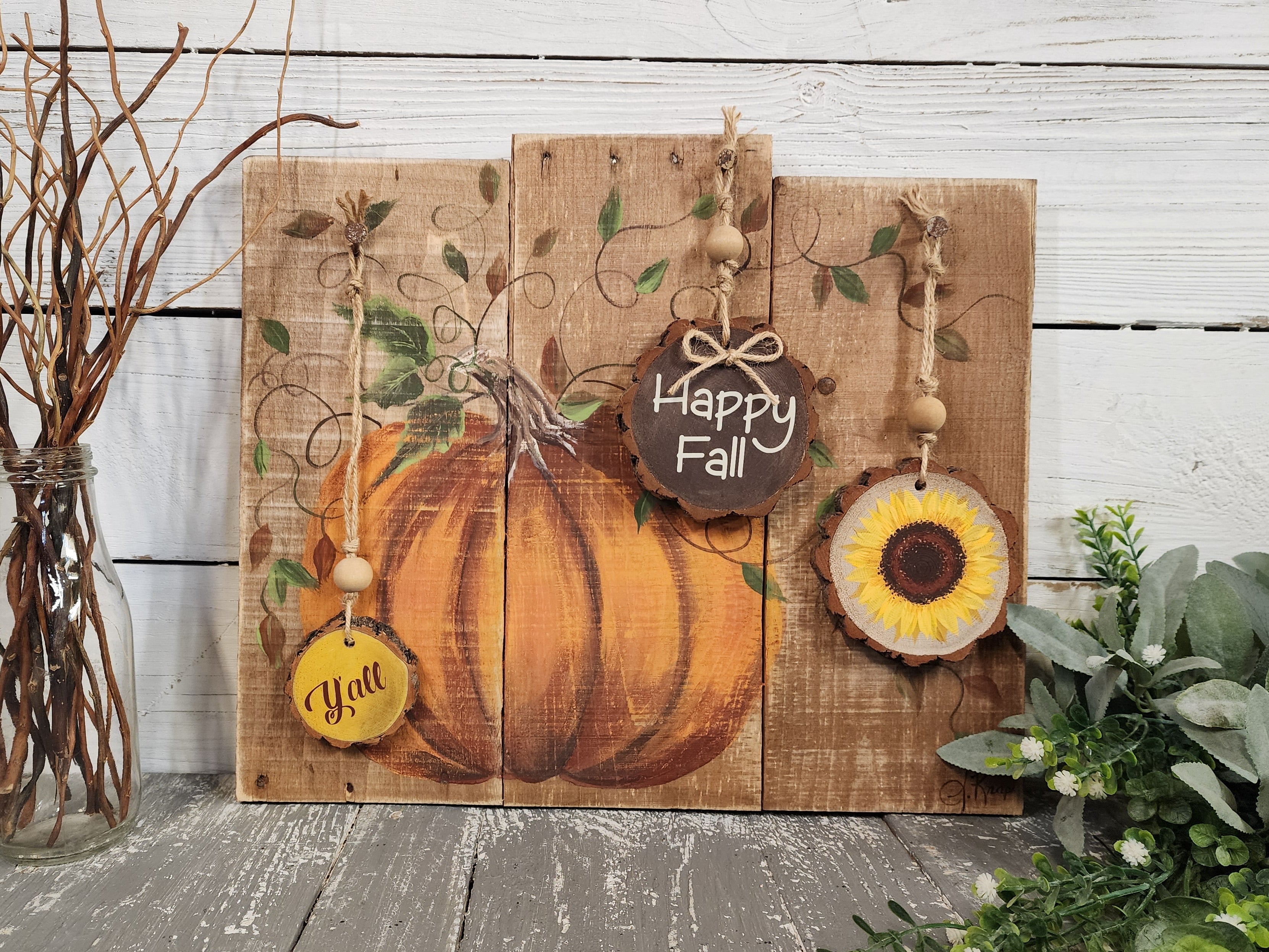 Autumn hand painted pumpkin with wood slice ornaments, Happy Fall y'all and acrylic painted sunflower, wall art from pallet recycled wood